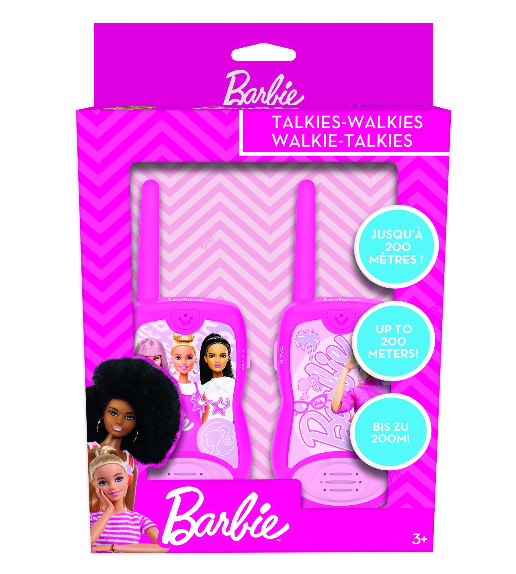 Confezione Walkie-Talkie Barbie con immagini di bambole e indicazione di portata.