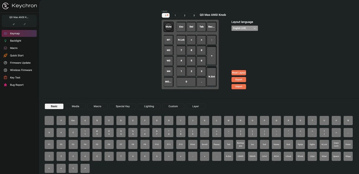 Oprogramowanie Keychron Q0 Max ANSI Knob: Mapa klawiszy, podświetlenie, makra, firmware.