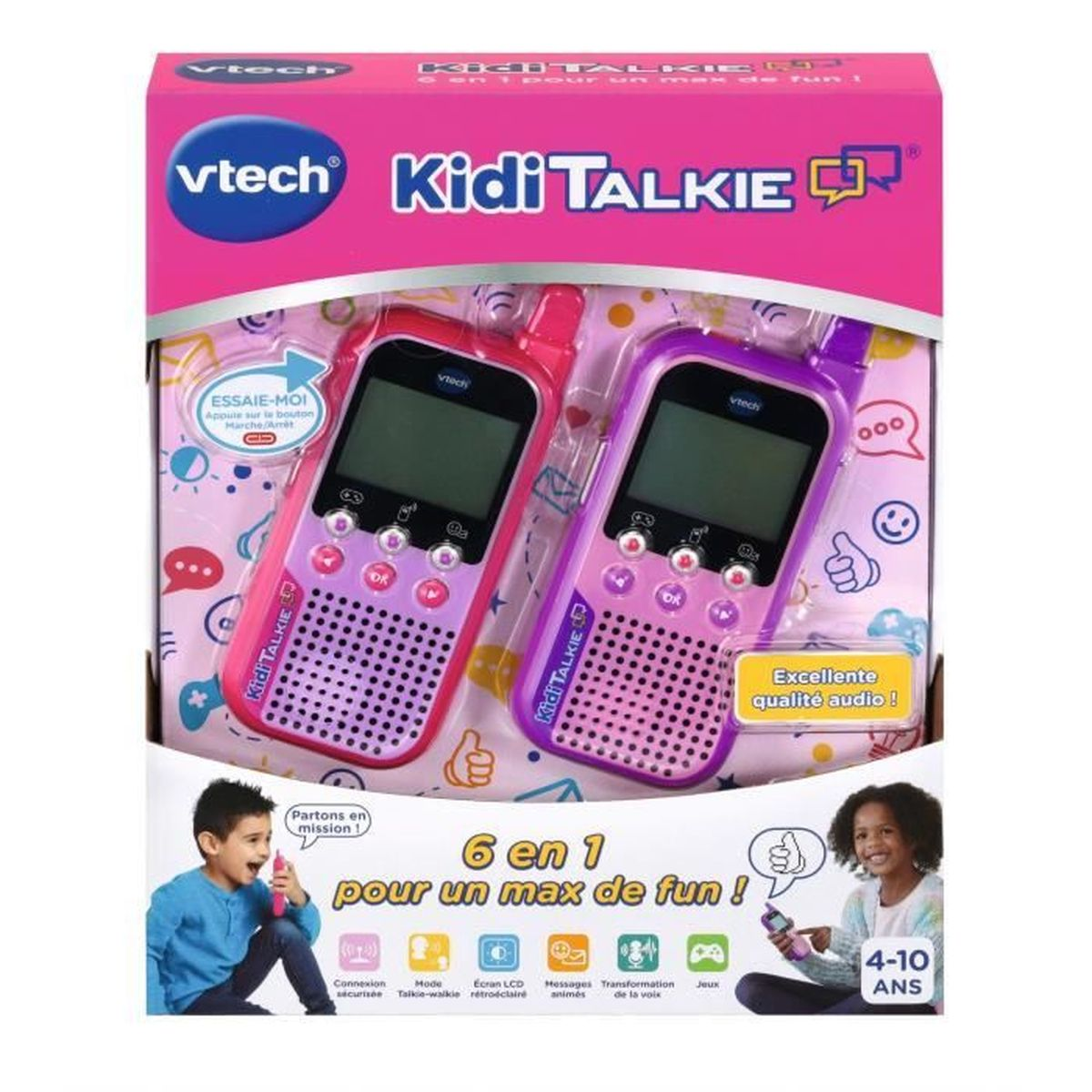 Vtech KidiTalkie in rosa e viola, mostrato con bambini che giocano.