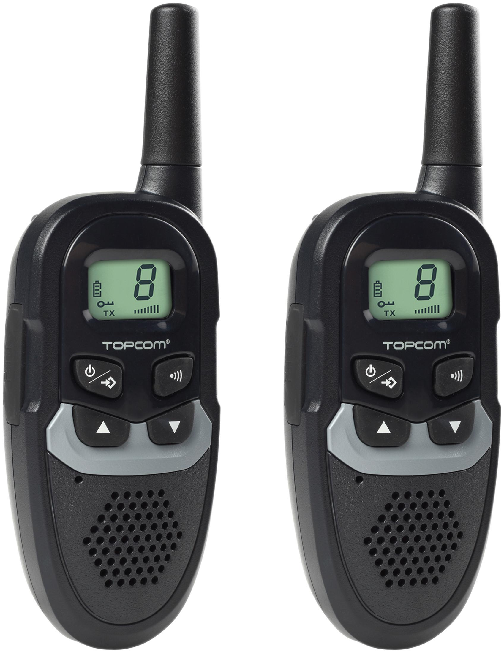Due walkie-talkie neri Topcom con antenne e schermi.