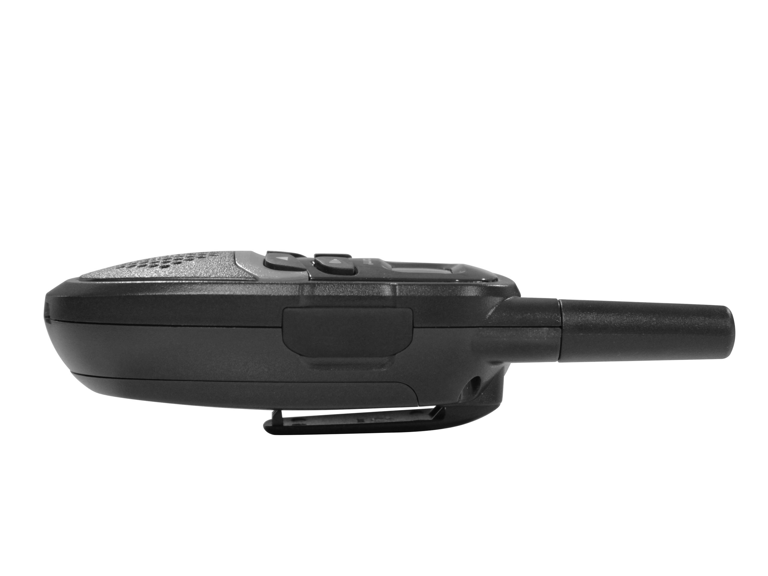Walkie-talkie nero con antenna, pulsanti e clip. Vista laterale.