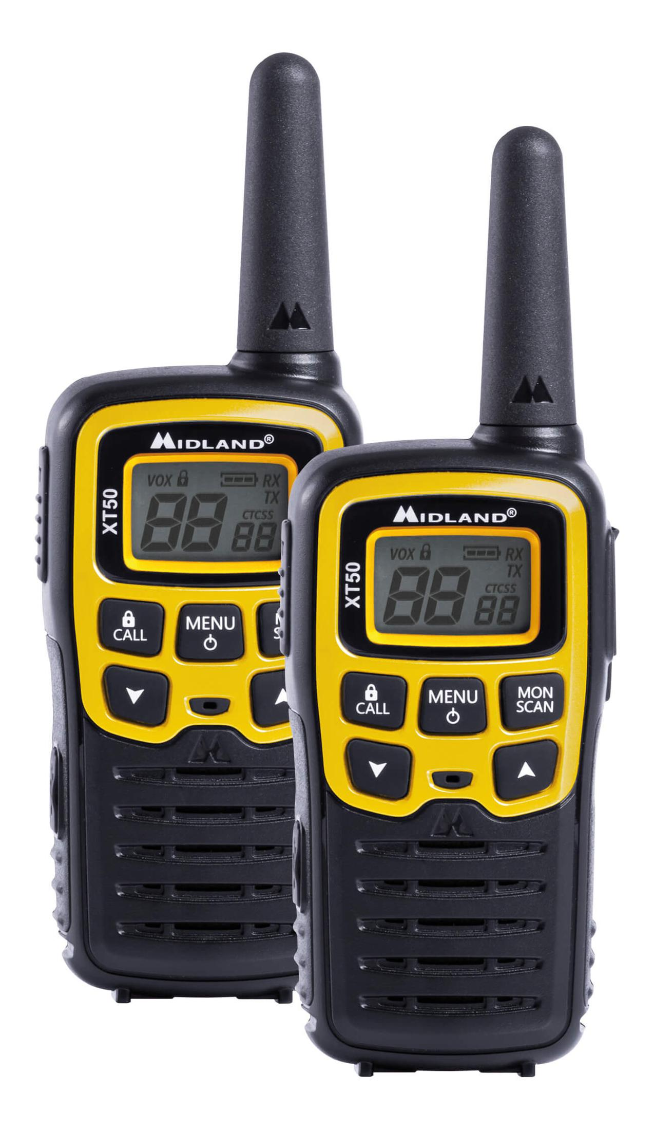 Due walkie-talkie Midland XT50 neri e gialli, su sfondo bianco.