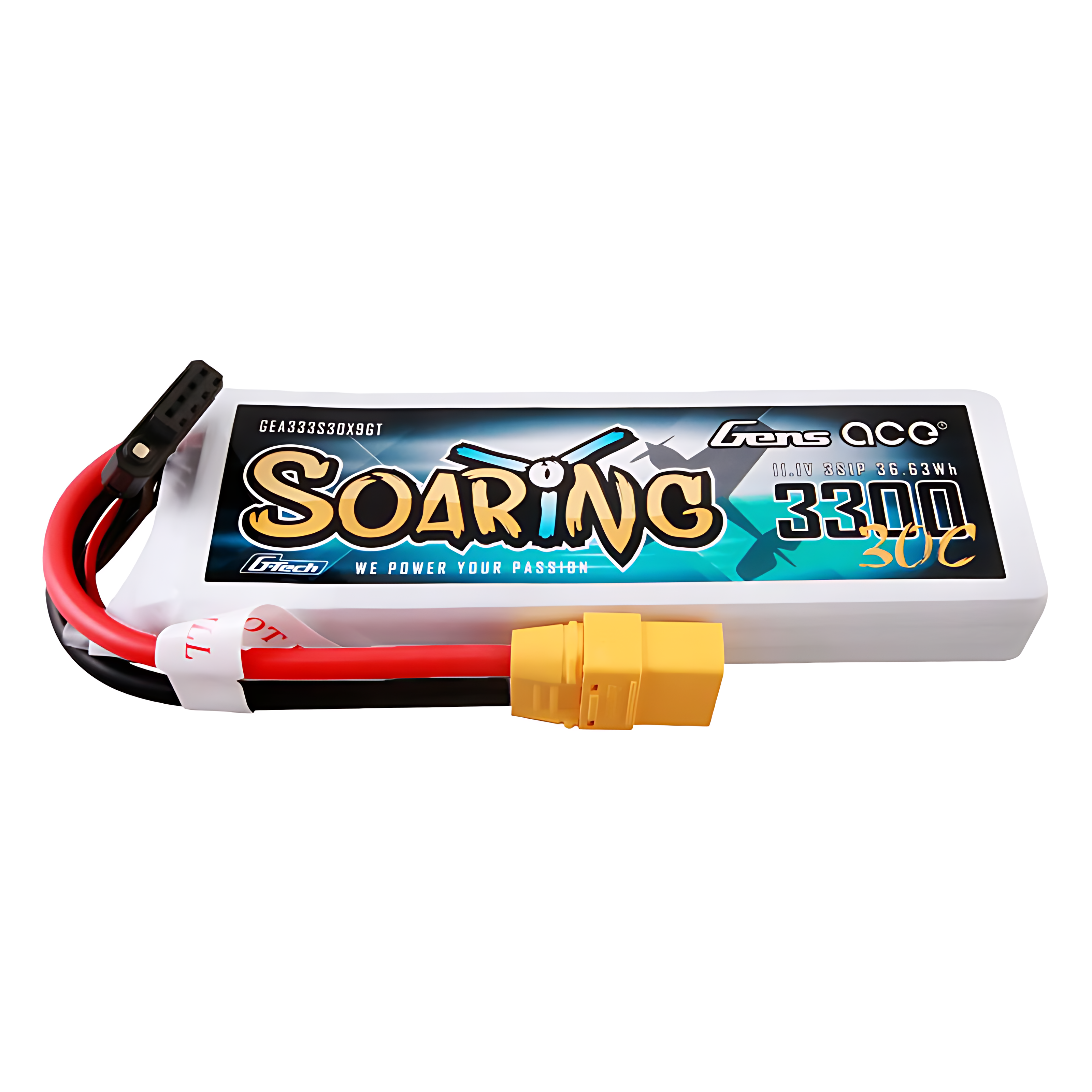 Biała bateria z czerwonym i czarnym przewodem. Napis: SOARING 3300mAh.