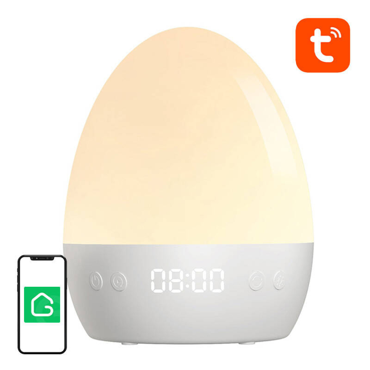 Lampa w kształcie jajka z cyfrowym zegarem pokazującym 08:00. Po lewej smartfon.