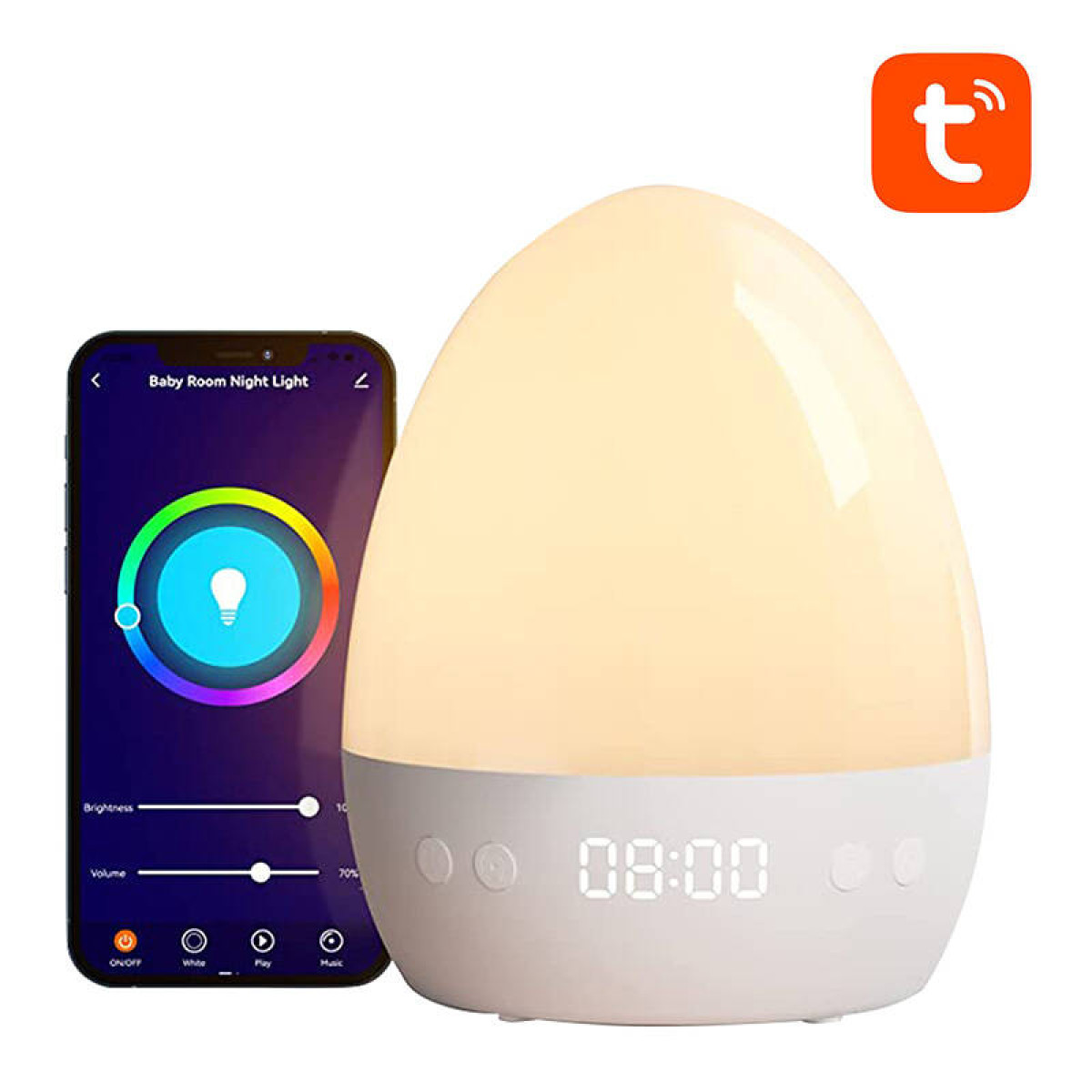 Białe światło nocne do pokoju dziecka ze smartfonem sterującym jego oświetleniem.