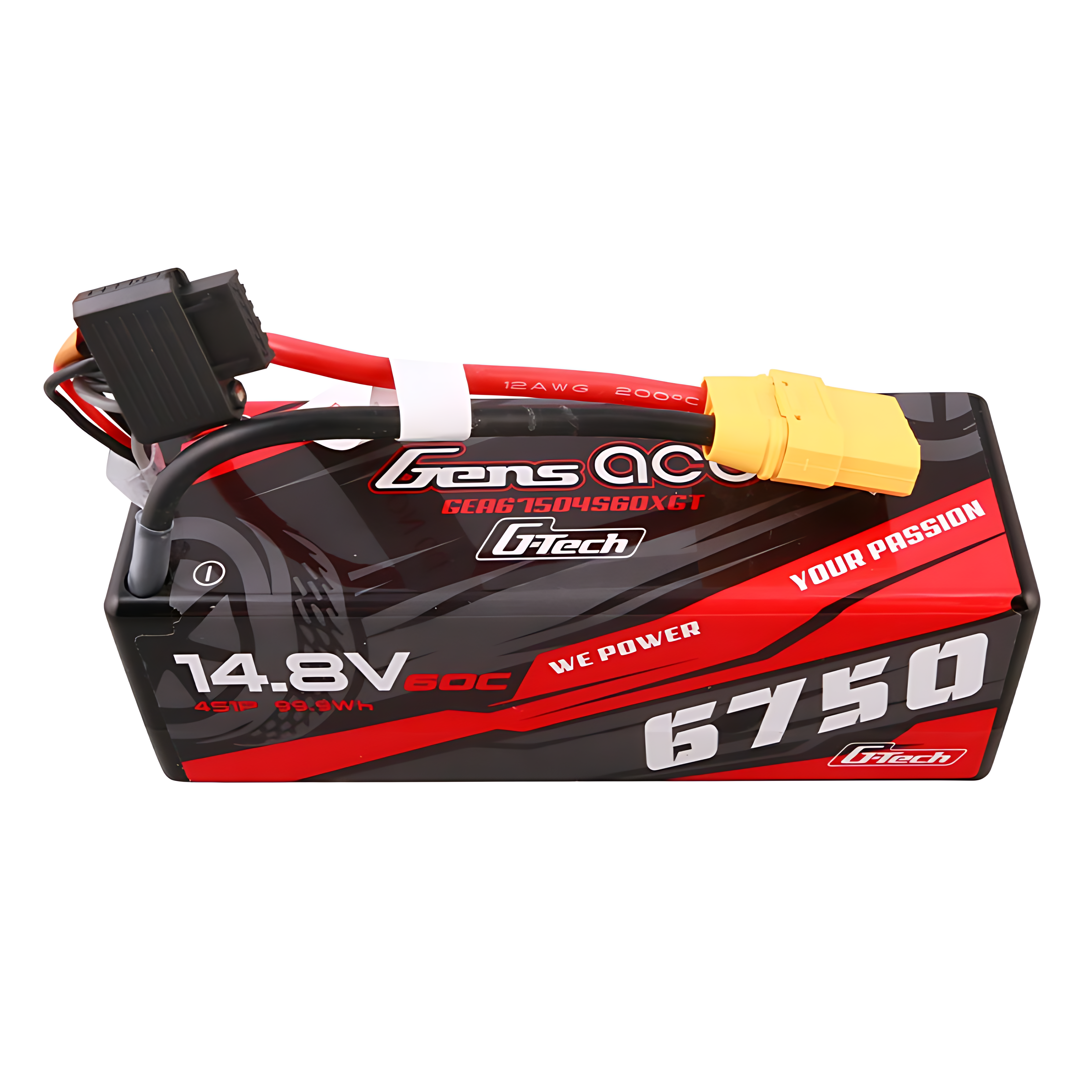 Czarna bateria z czerwonymi i białymi detalami, 14,8V, 6750mAh.