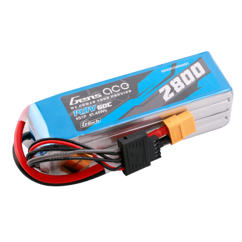 Niebieski akumulator Gens Ace 14,8V 60C 2800mAh z czerwonym i czarnym przewodem.