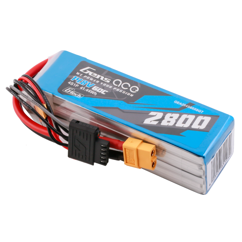 Niebieska bateria LiPo Gens Ace 14,8V 60C 2800mAh z czarnymi i żółtymi złączami.