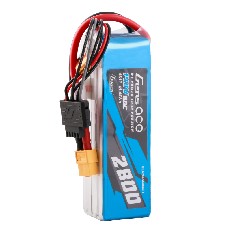 Niebieska bateria LiPo Gens Ace 14,8V 60C 2800mAh z czarnymi i czerwonymi przewodami.