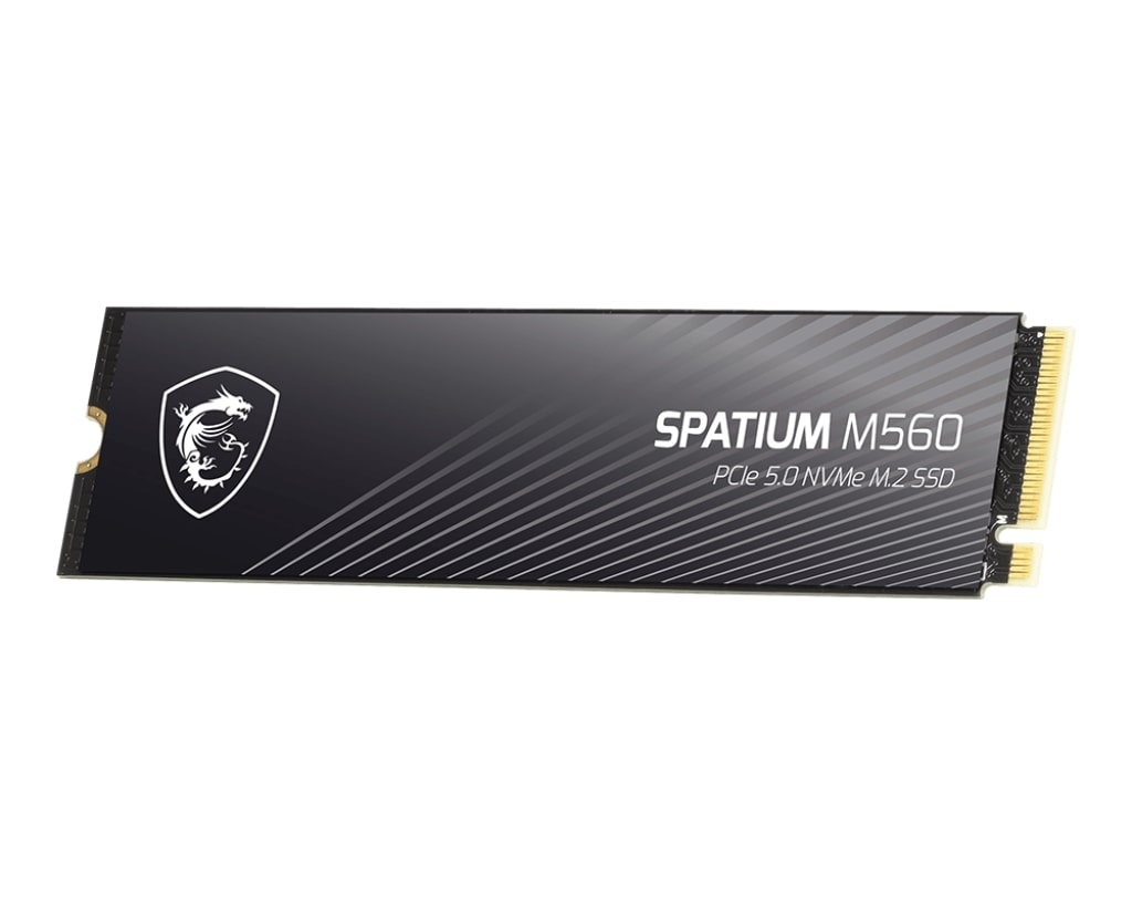 Ein schwarzes M.2 SSD mit MSI-Logo und "SPATIUM M560 PCIe 5.0 NVMe M.2 SSD" Aufschrift.
