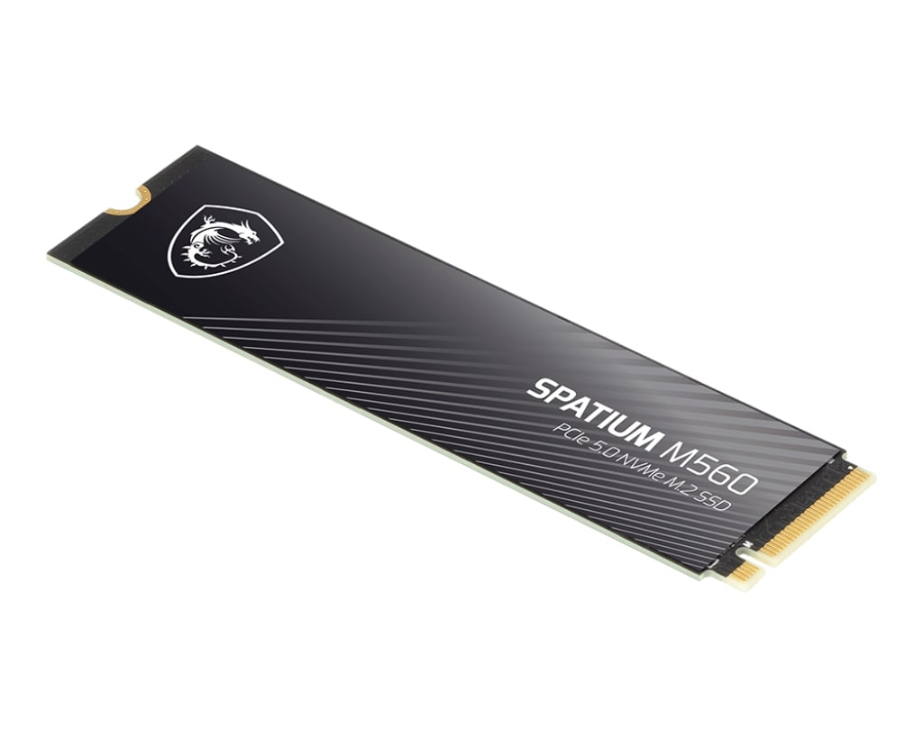 MSI Spatium M560 PCIe 5.0 NVMe M.2 SSD mit Drachenlogo auf schwarzer Oberfläche.