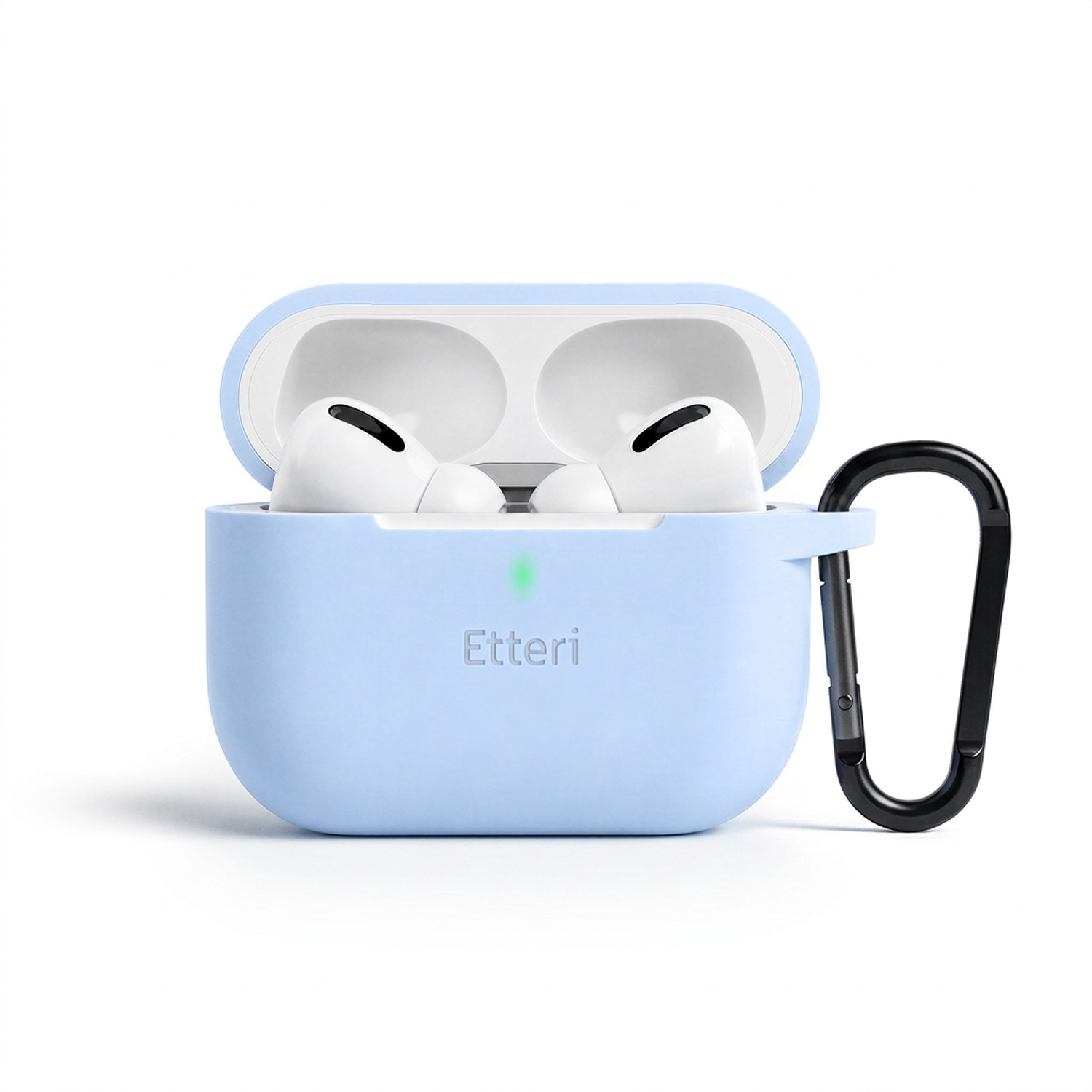 Custodia azzurra per AirPods Pro, coperchio aperto, con auricolari bianchi all'interno.