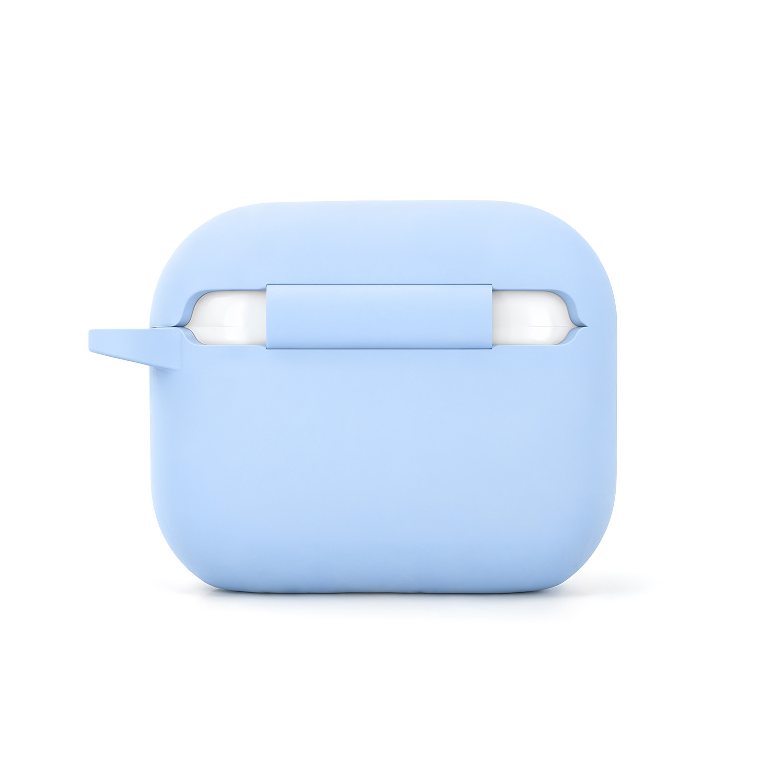 Una custodia azzurra per auricolari wireless, isolata su sfondo bianco.