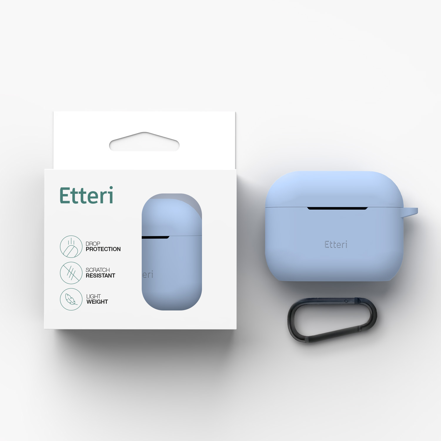 Custodia blu Etteri per auricolari con moschettone su sfondo bianco.