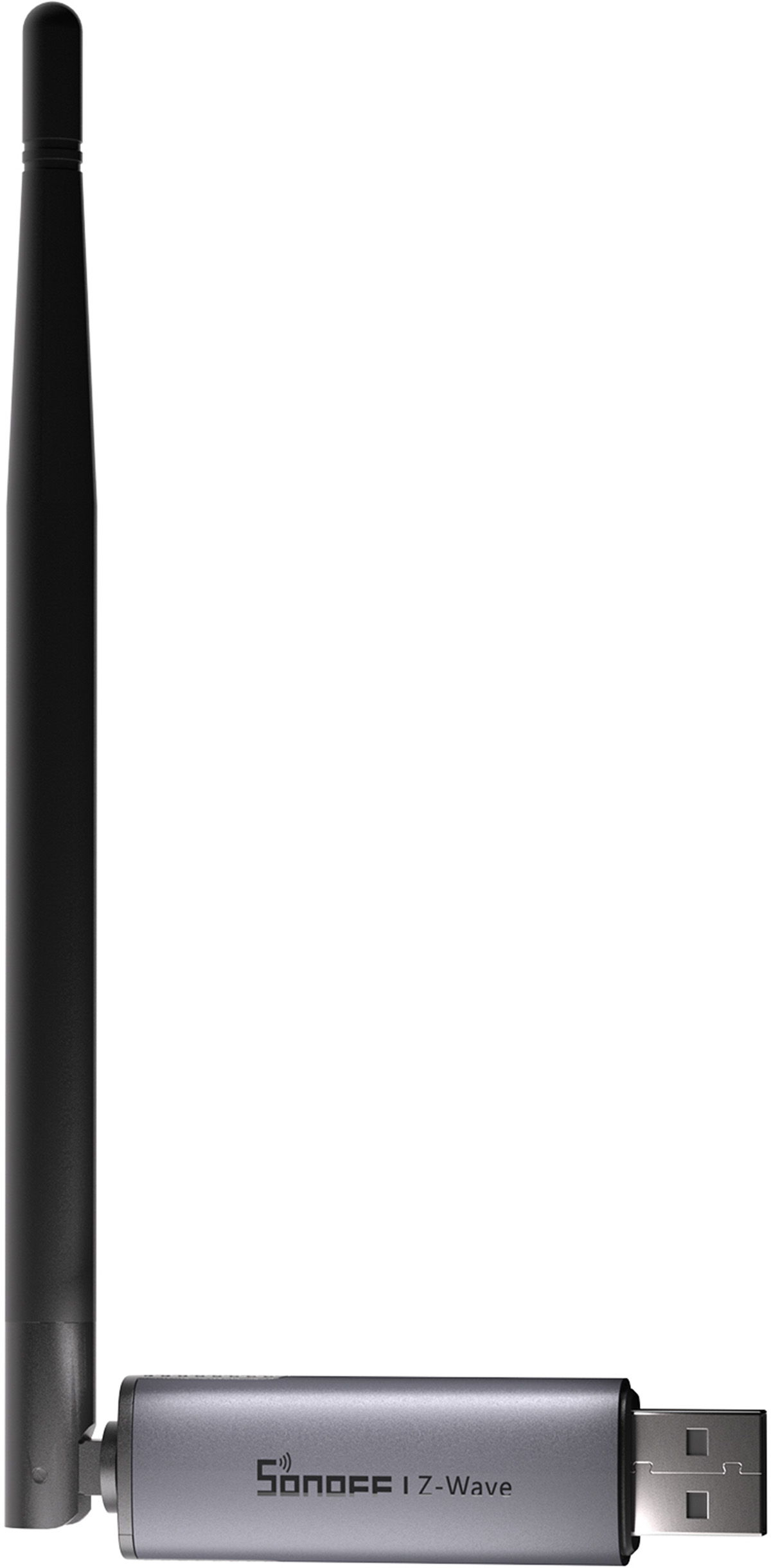 Srebrny klucz USB Z-Wave z czarną anteną na białym tle.