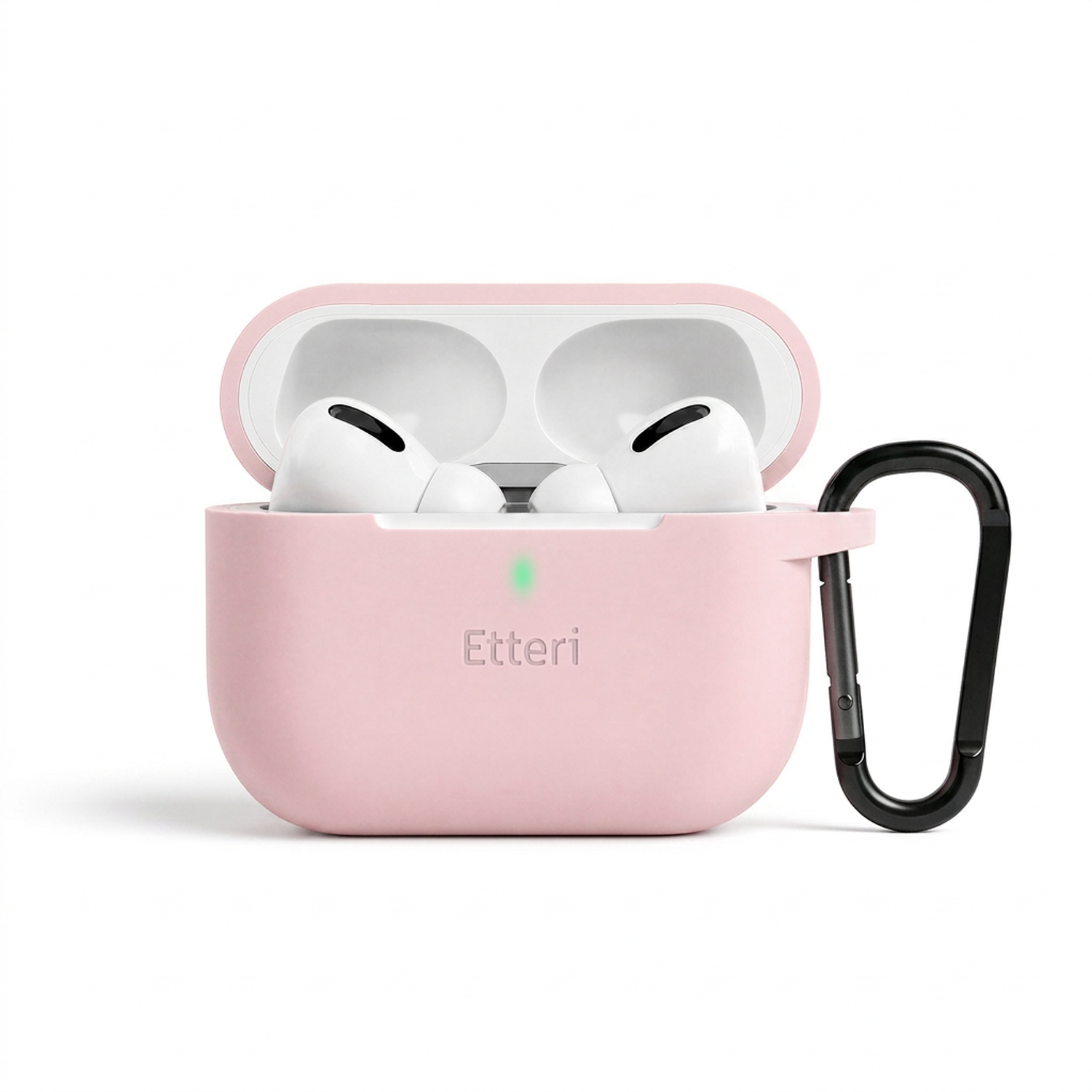 Una custodia rosa per AirPods con AirPods bianchi all'interno e un moschettone nero.