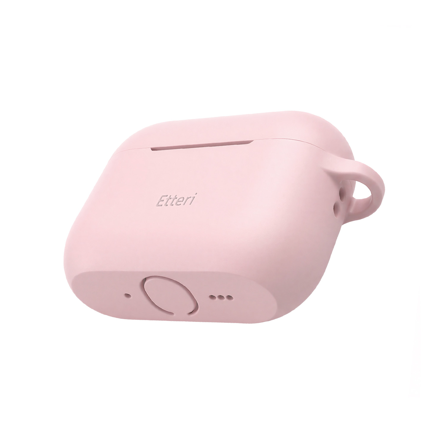 Una custodia rosa per auricolari con anello e tre punti. Marchio Etteri.