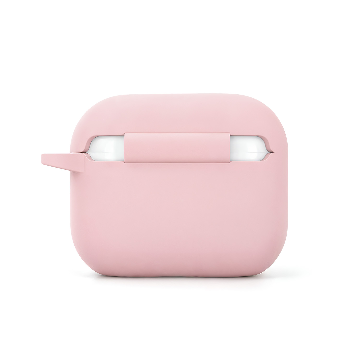 Una custodia rosa per cuffie poggia su uno sfondo bianco.