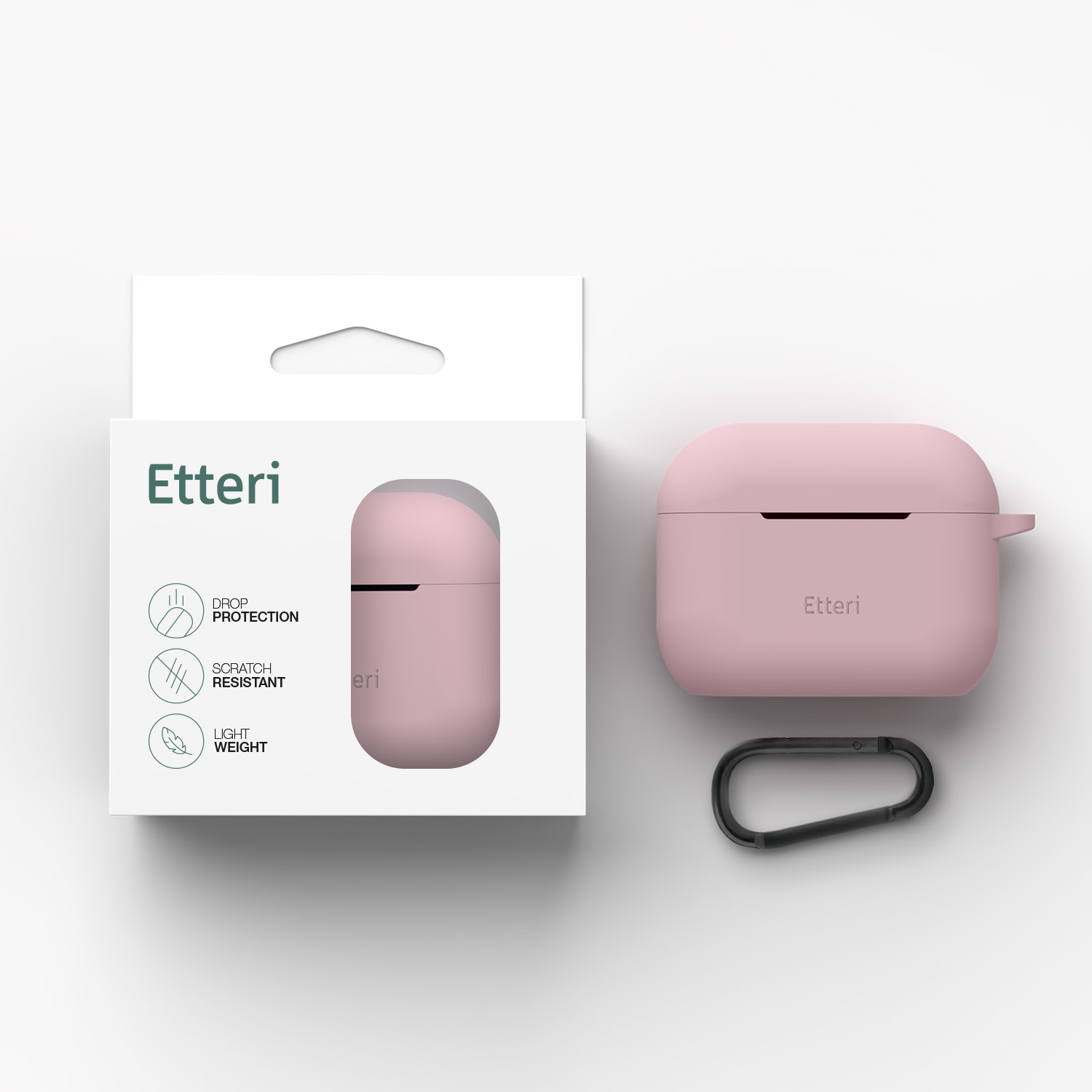 Una custodia rosa per cuffie con moschettone nero su sfondo bianco.