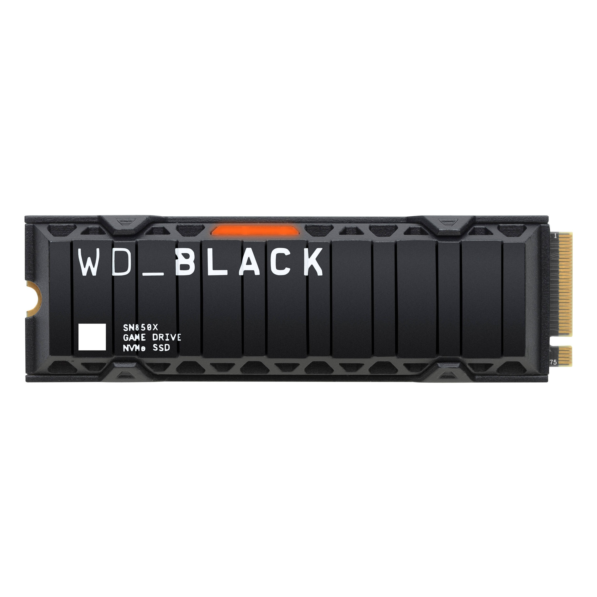 Schwarze NVMe SSD mit orangefarbener LED und goldenem Anschluss.