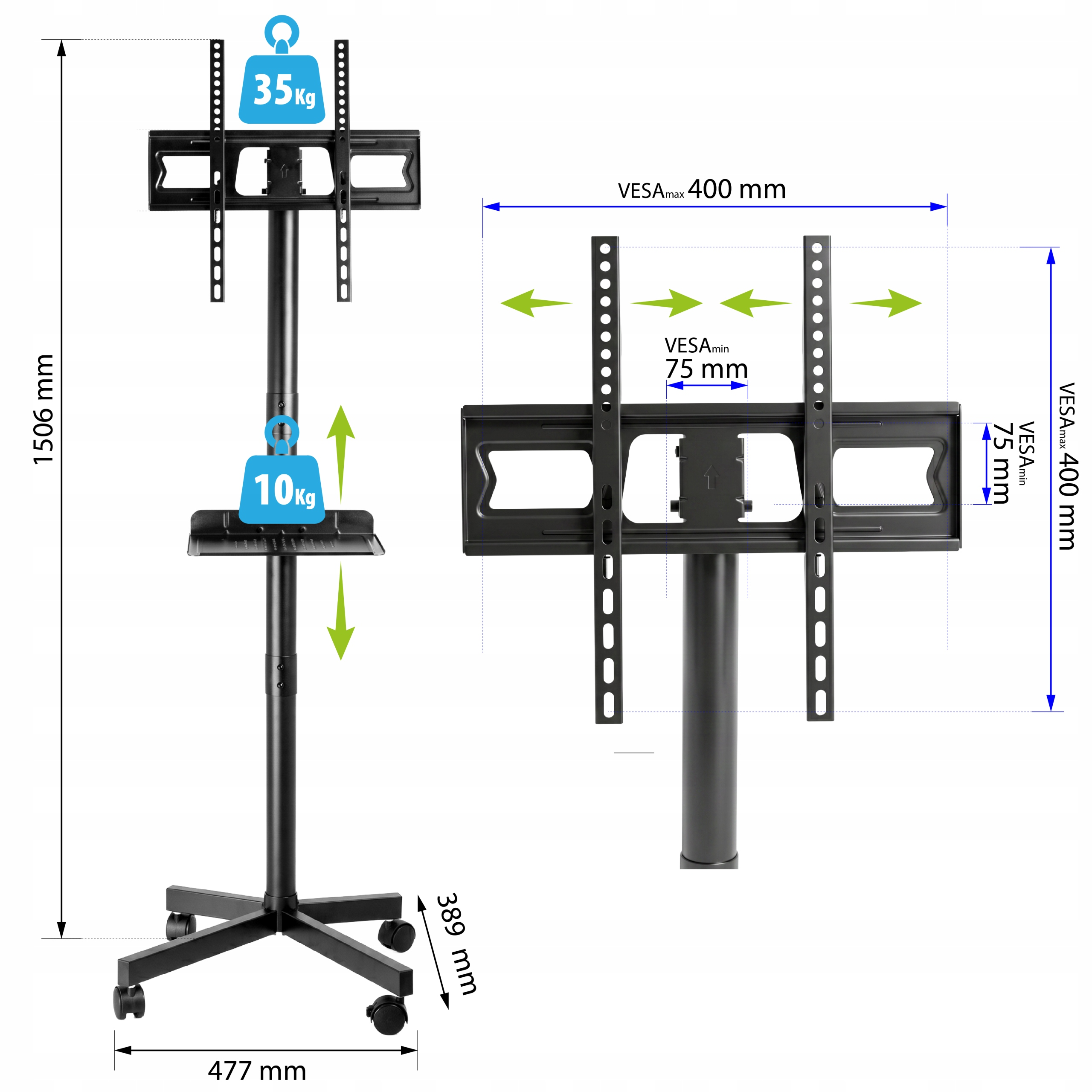 Czarny stojak pod TV na kółkach, wys. 1506mm, udźwig 35kg/10kg.