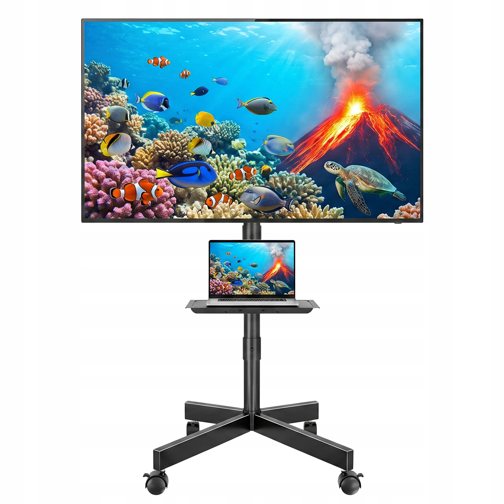 Monitor z podwodną sceną na wózku z laptopem.