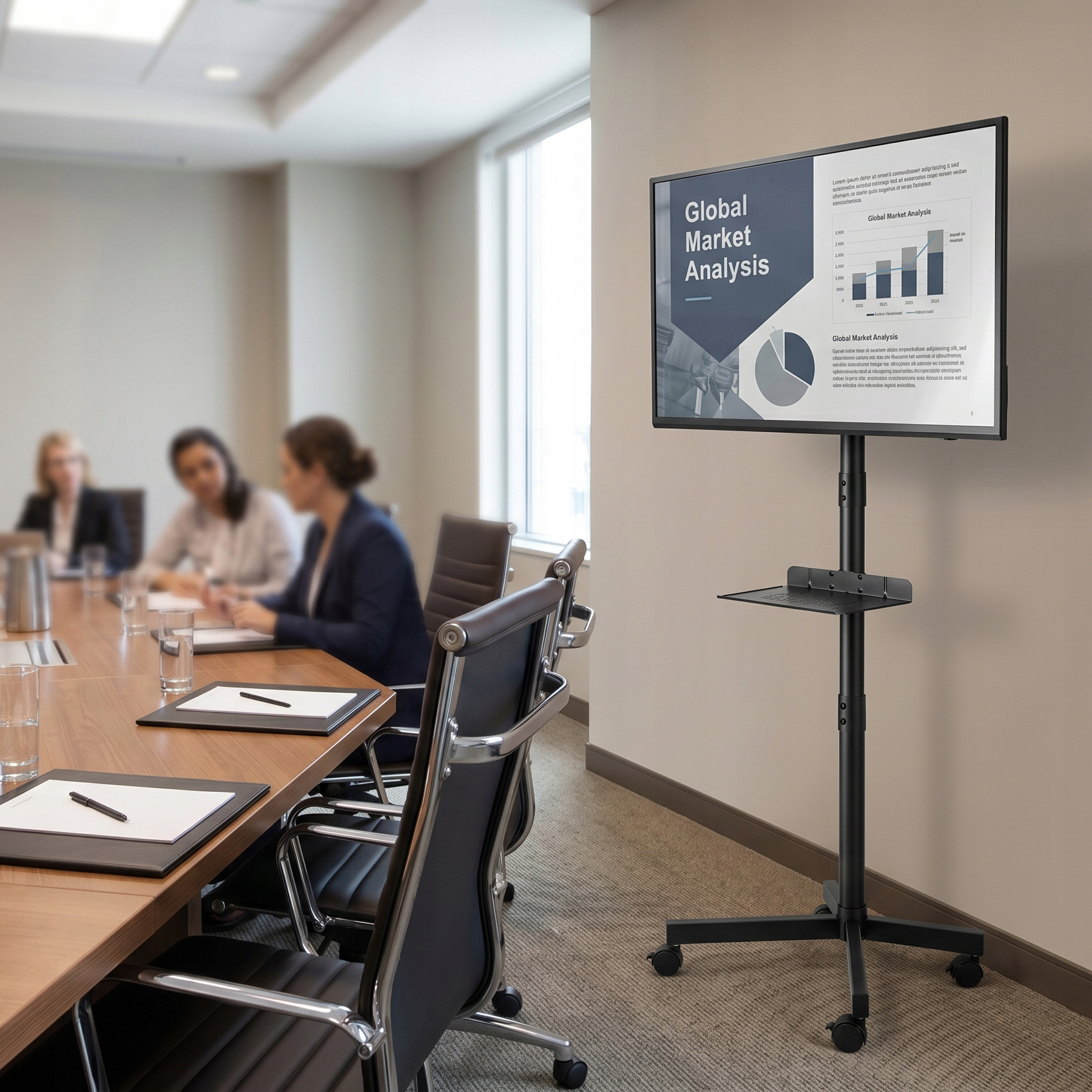 Sala konferencyjna z monitorem wyświetlającym analizę rynku.