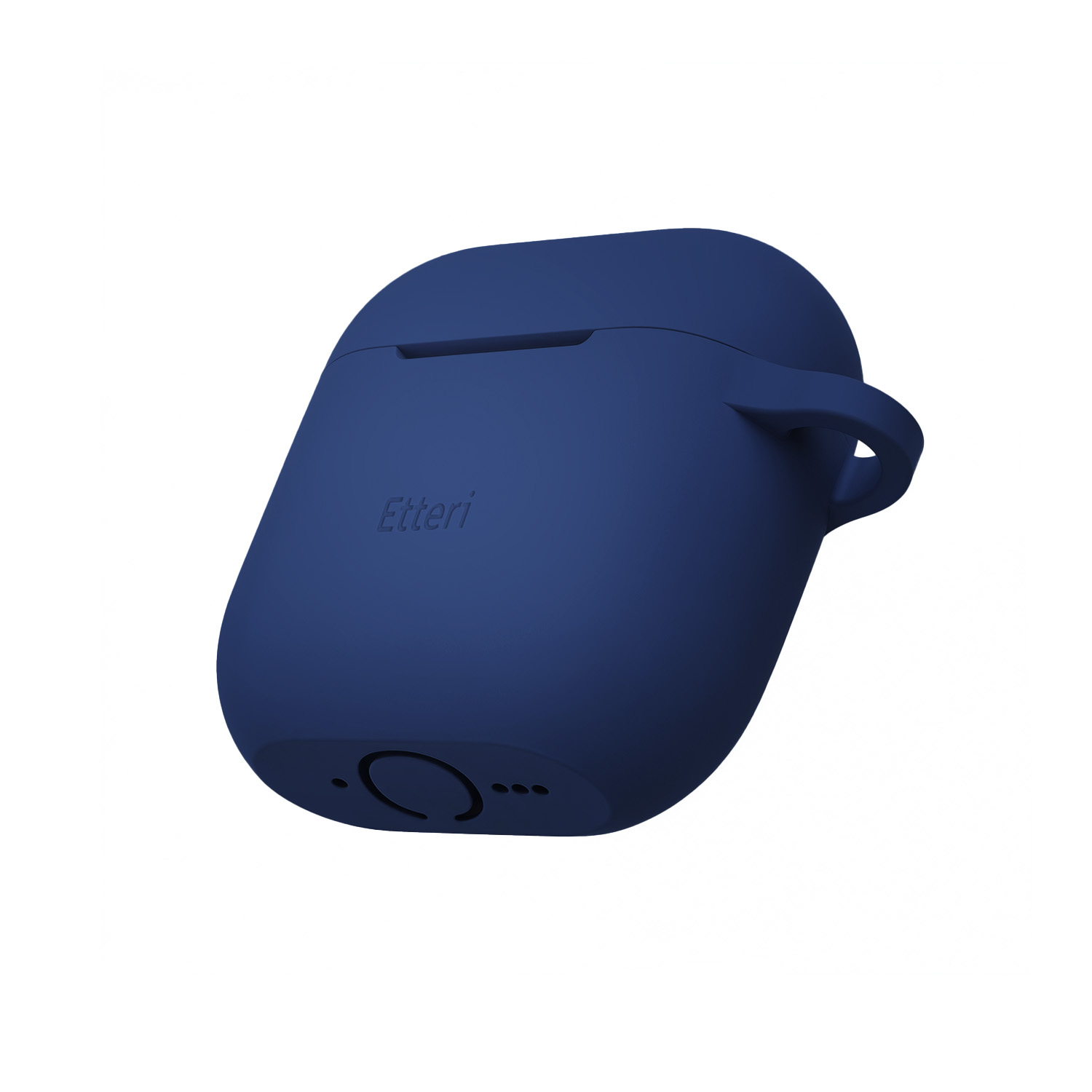 Una custodia blu per auricolari con anello è mostrata su sfondo bianco.