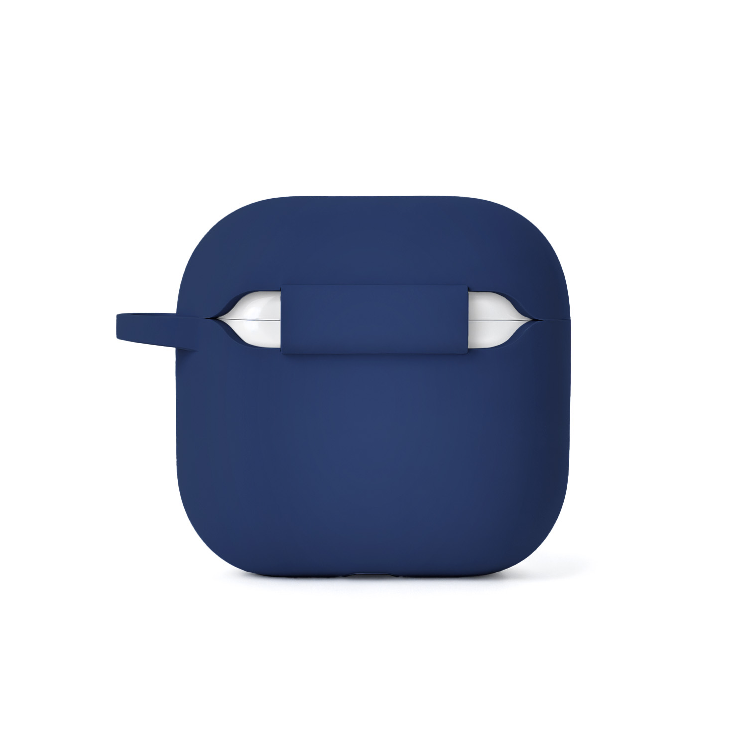 Custodia blu scuro per cuffie con fessura bianca.