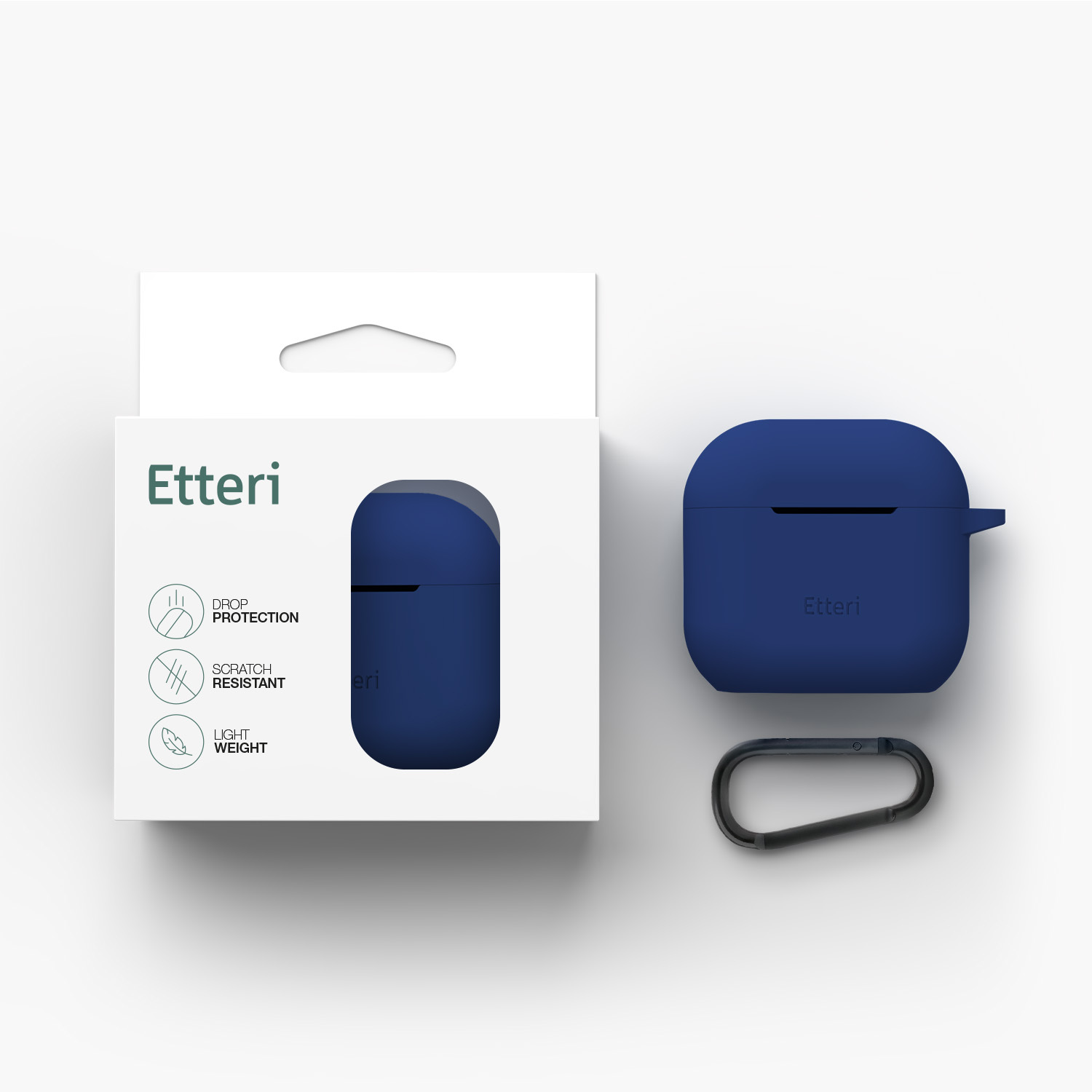 Custodia blu Etteri per auricolari, con confezione e moschettone.