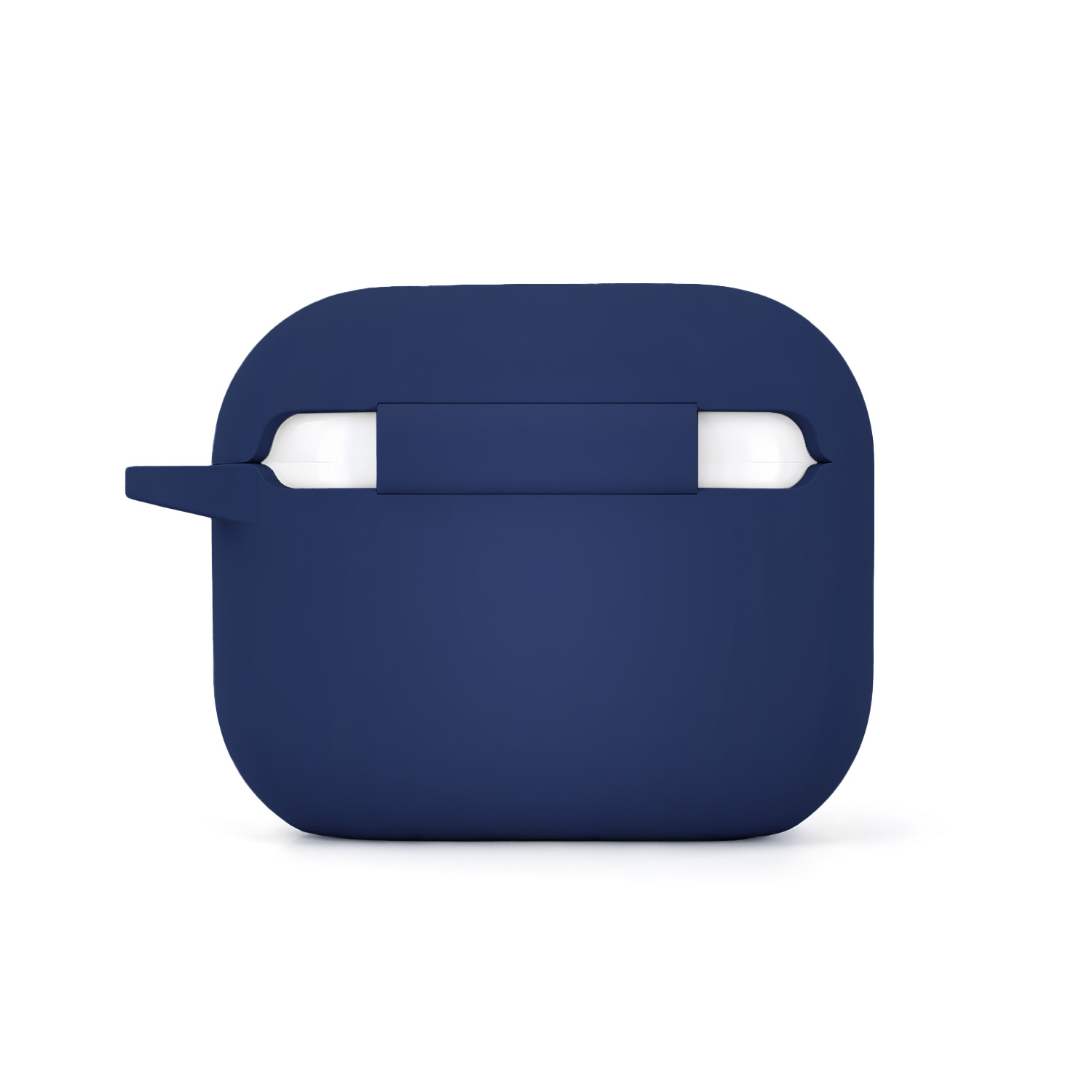 Una custodia blu scuro per auricolari, con auricolari bianchi visibili.