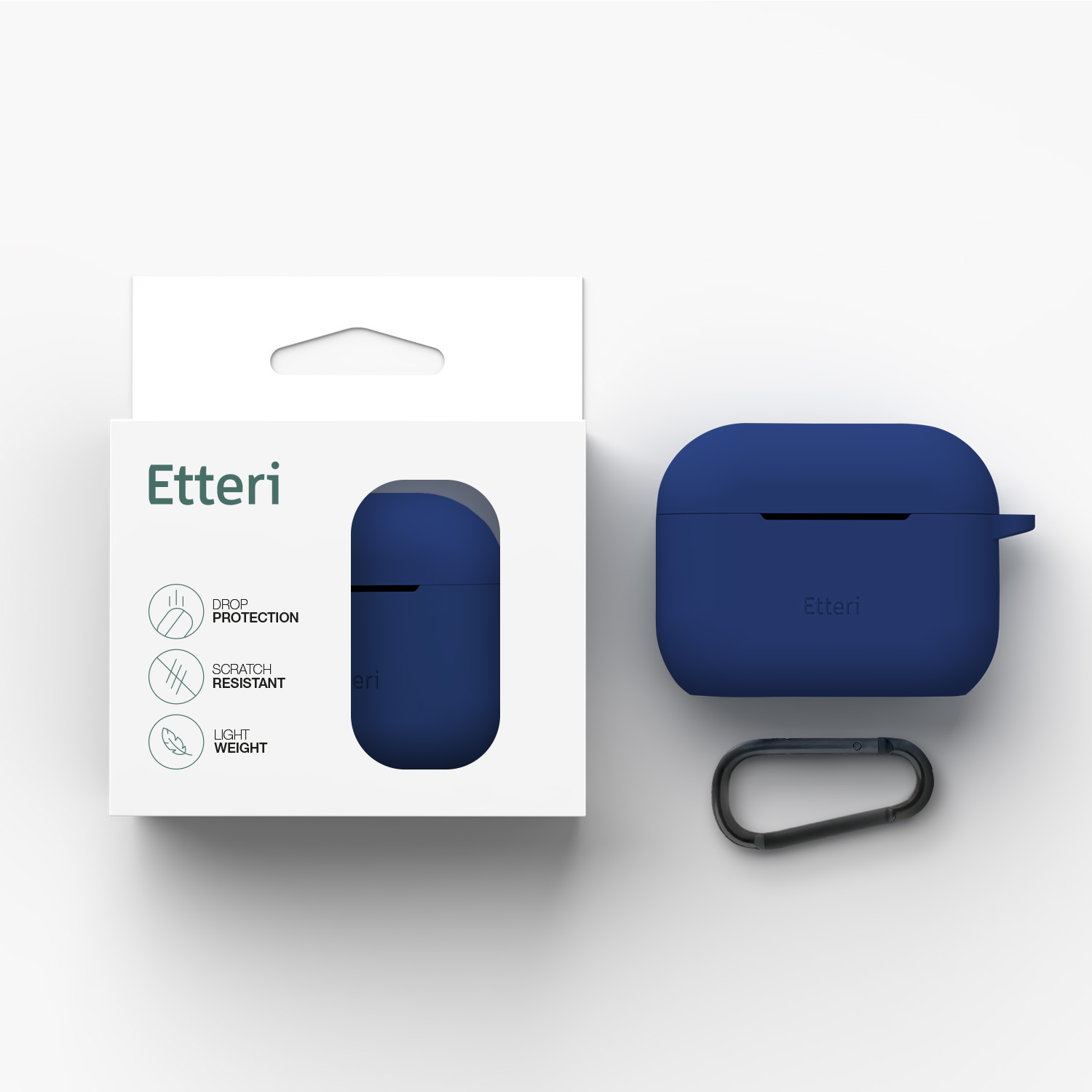 Una custodia blu scuro per auricolari e confezione con logo 'Etteri'.