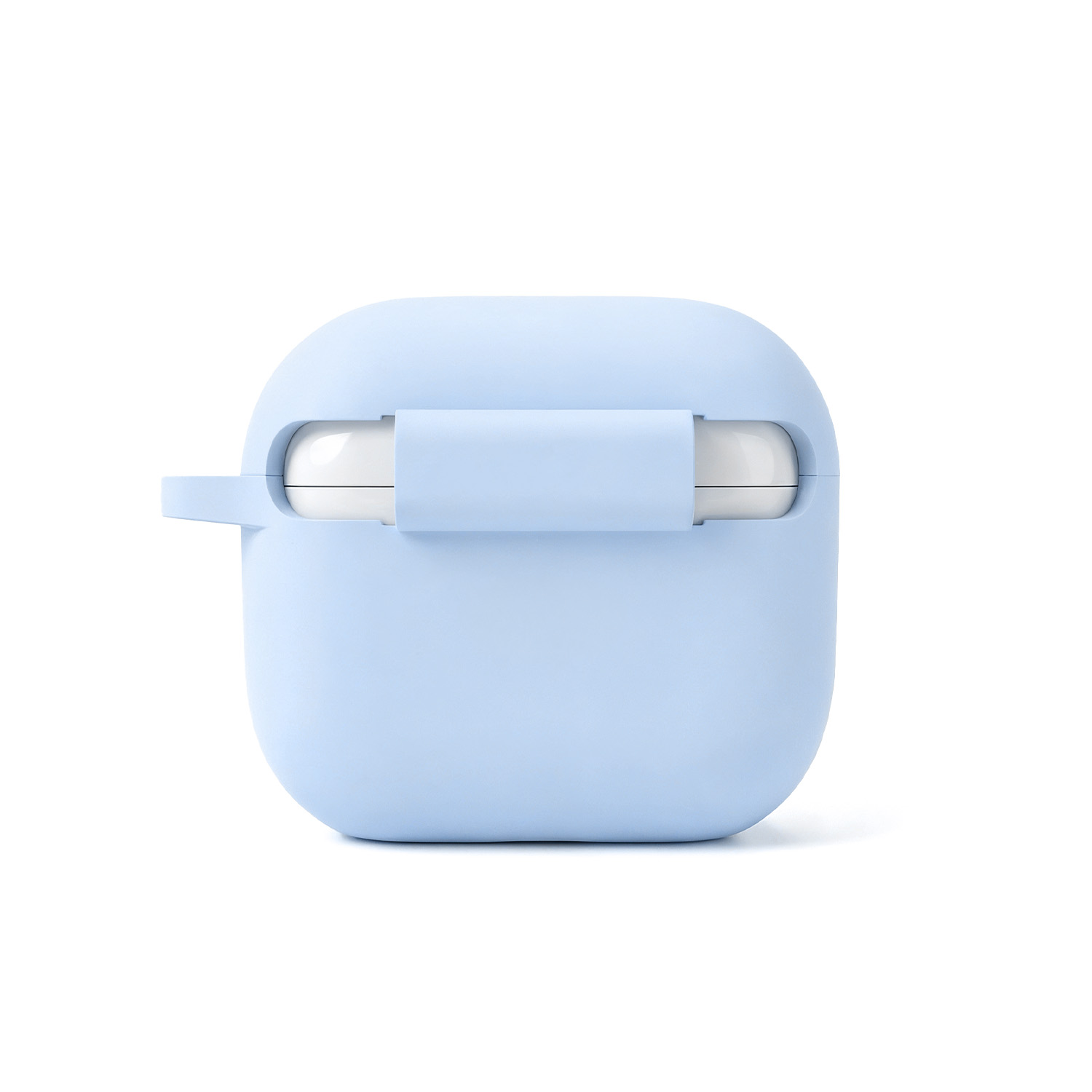 Una custodia azzurra per auricolari con auricolari bianchi che spuntano.
