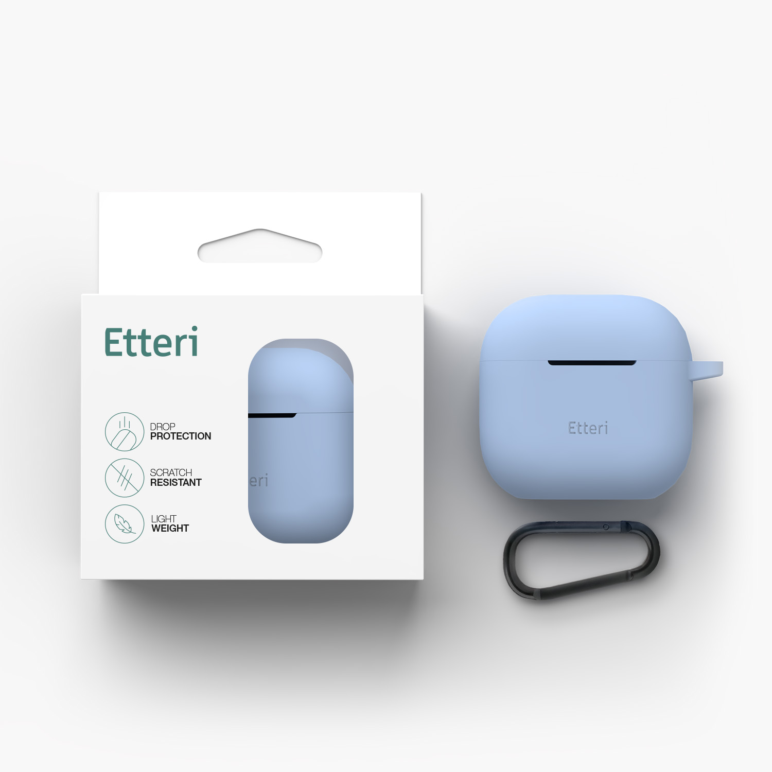Una custodia blu chiaro per AirPods Etteri con moschettone è mostrata accanto alla sua confezione.