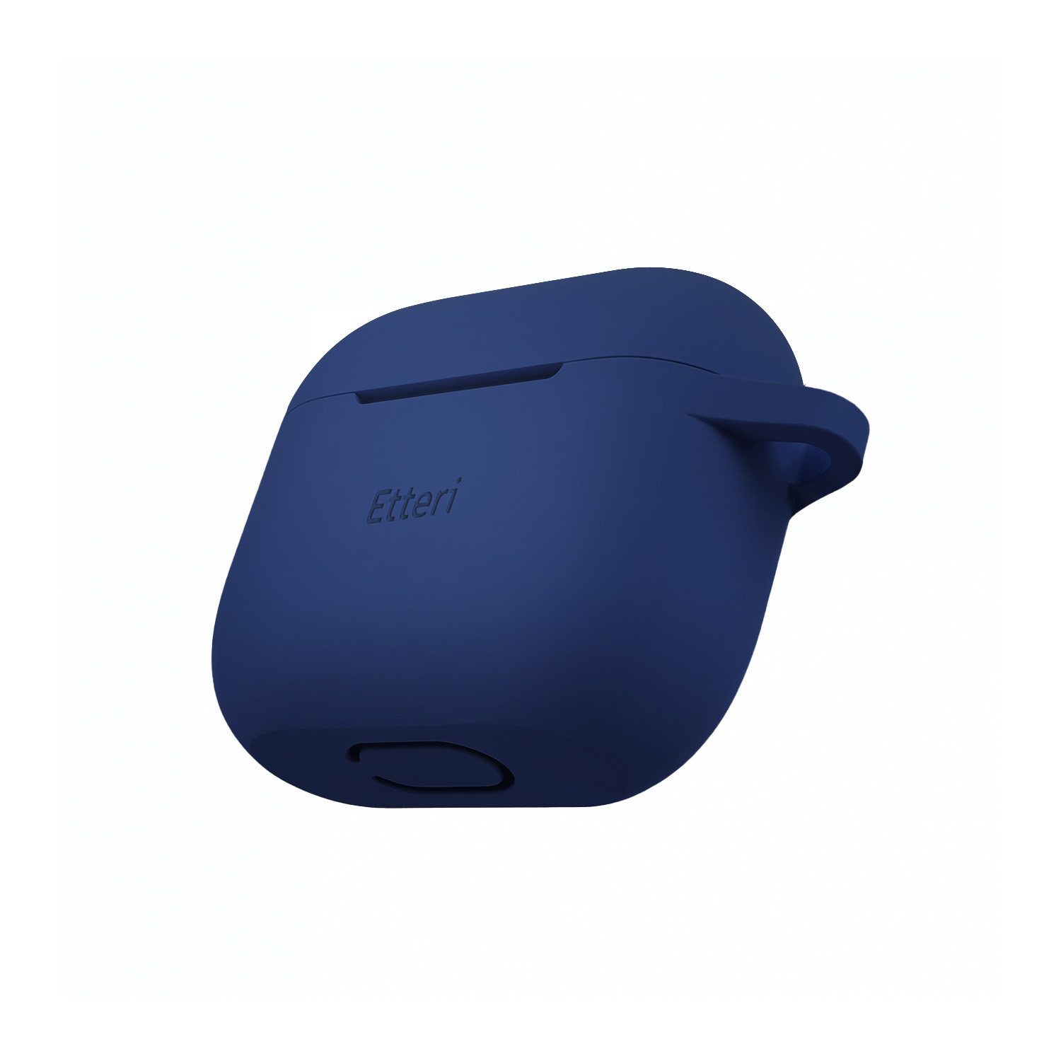 Custodia blu scuro per auricolari con logo 'Etteri'.