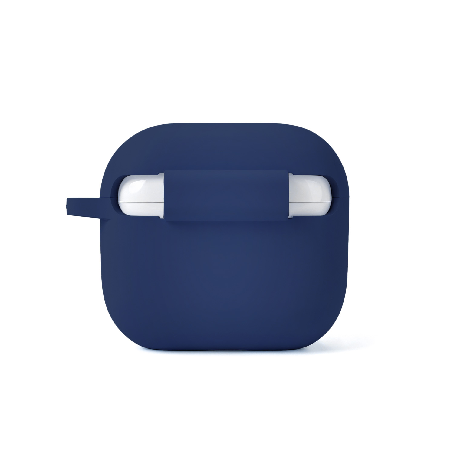 Custodia blu scuro per auricolari wireless con auricolari bianchi che spuntano.