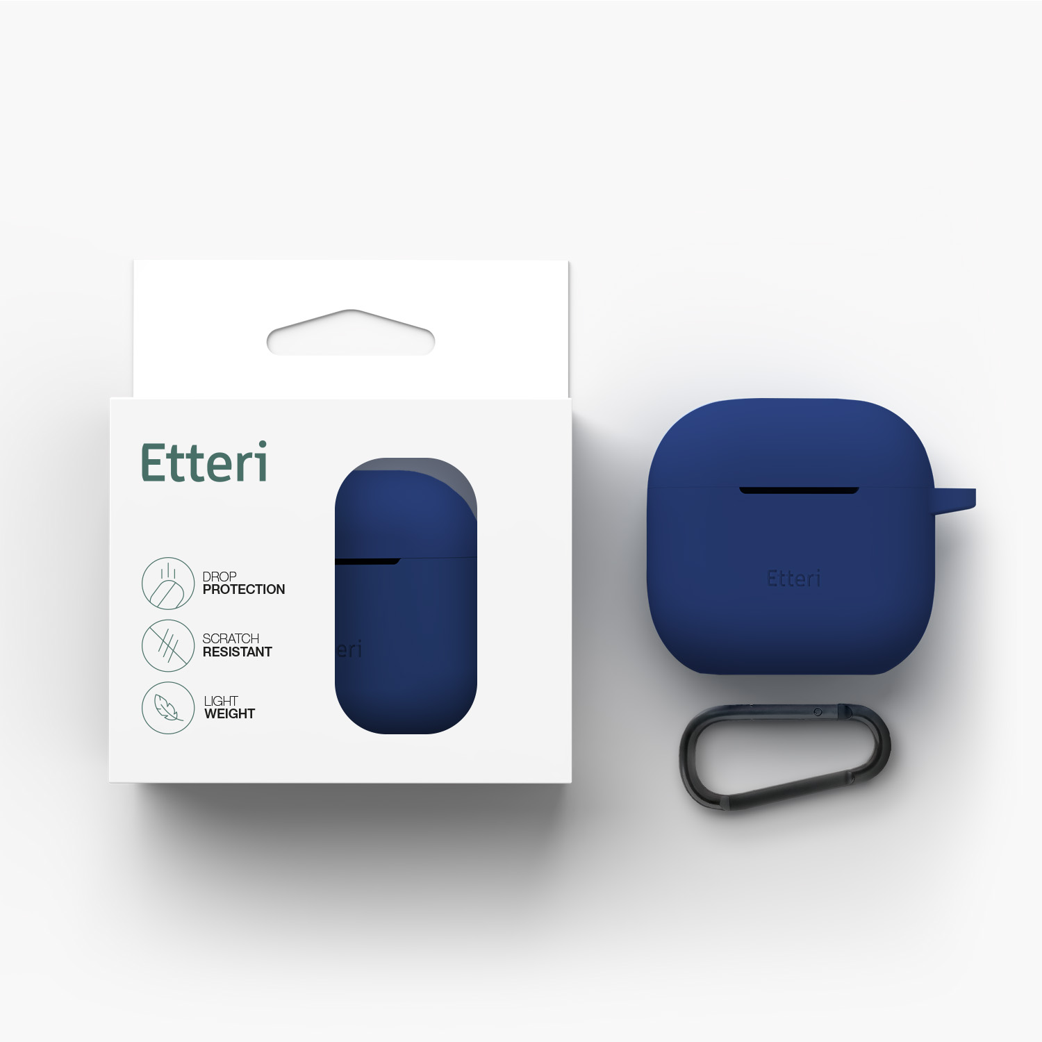 Custodia blu Etteri con moschettone, accanto alla sua confezione che mostra protezione anticaduta.