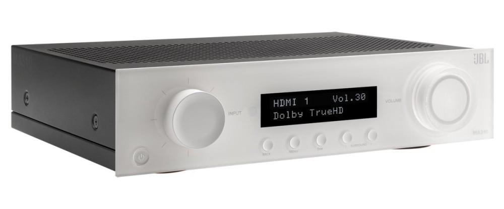 Czarno-biały odbiornik audio z pokrętłami i ekranem.