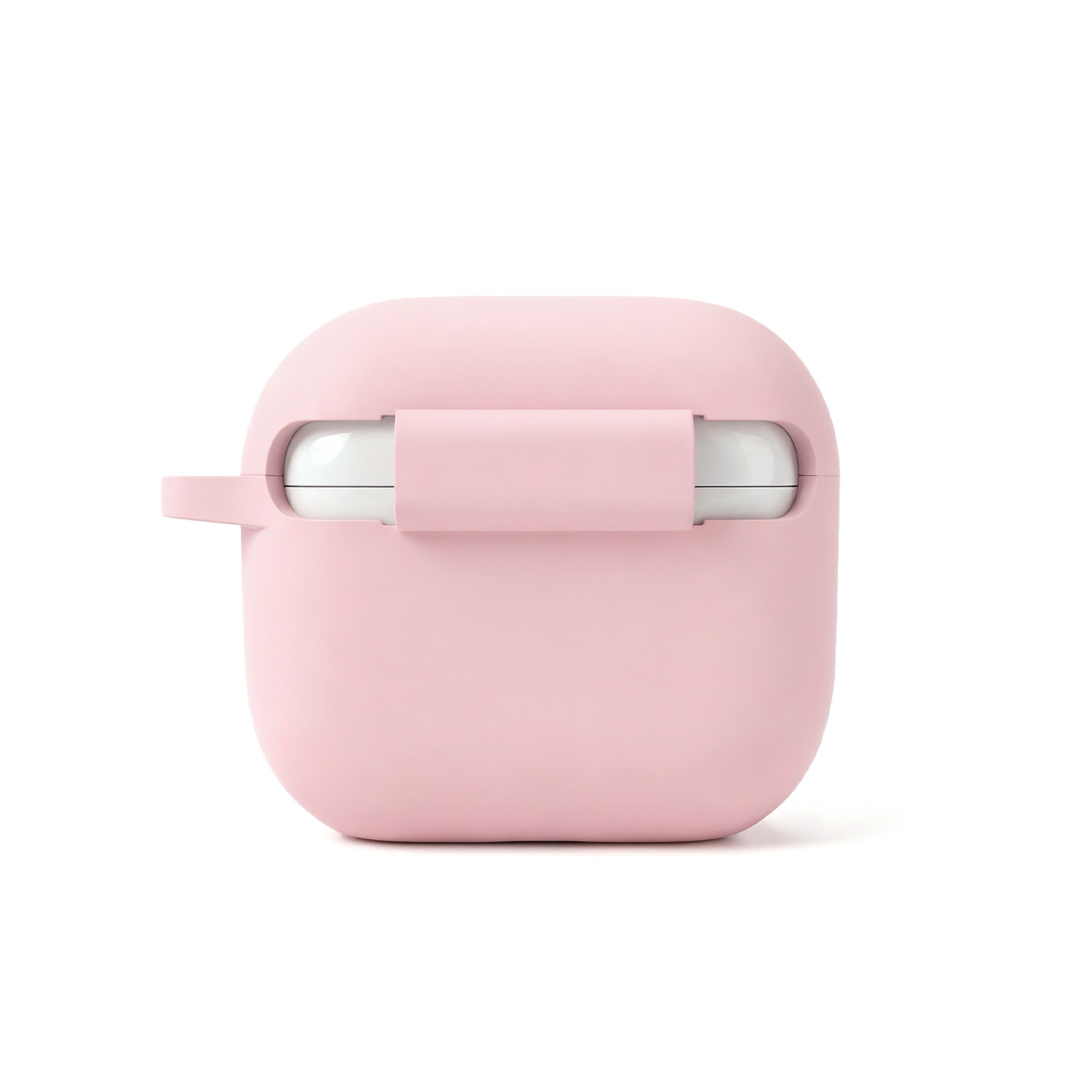 Una custodia rosa per auricolari con cinturino bianco.