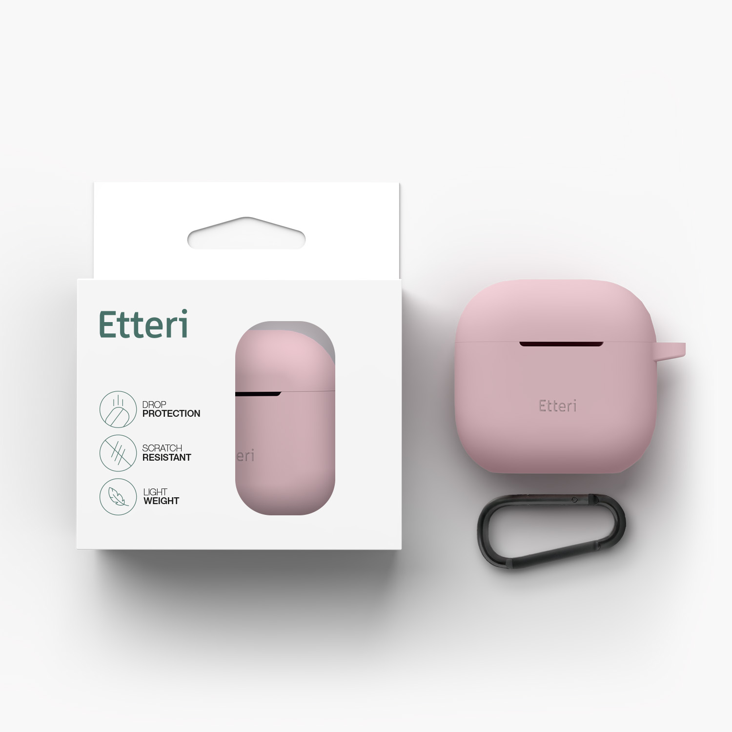 Custodia rosa Etteri per AirPods e confezione con icone anti-caduta, antigraffio, leggera.