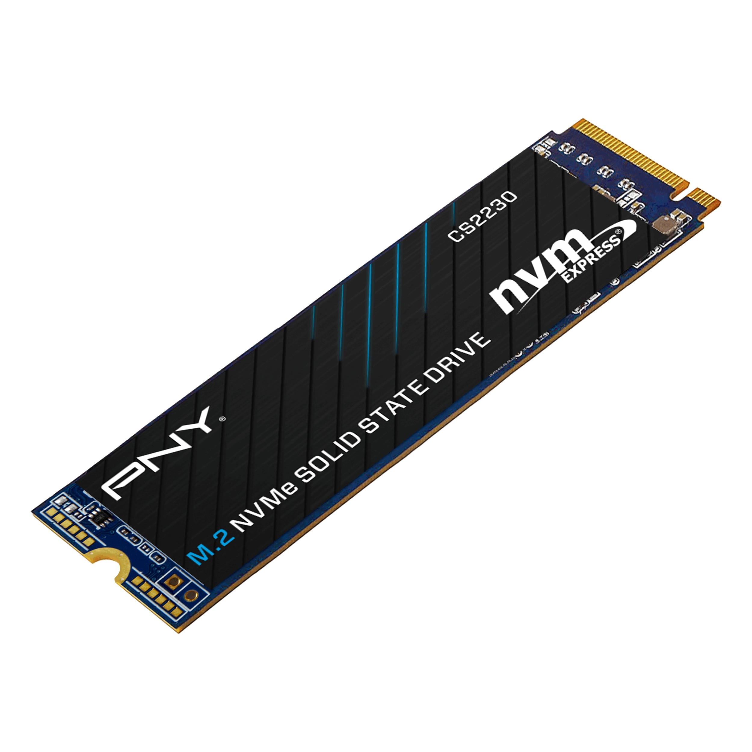 Un SSD M.2 NVMe PNY noir avec des lignes bleues et le texte « nvm express ».