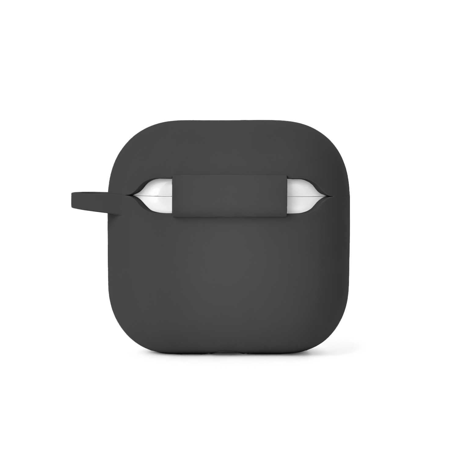 Una custodia scura per AirPods Pro con cinturino sul lato sinistro.