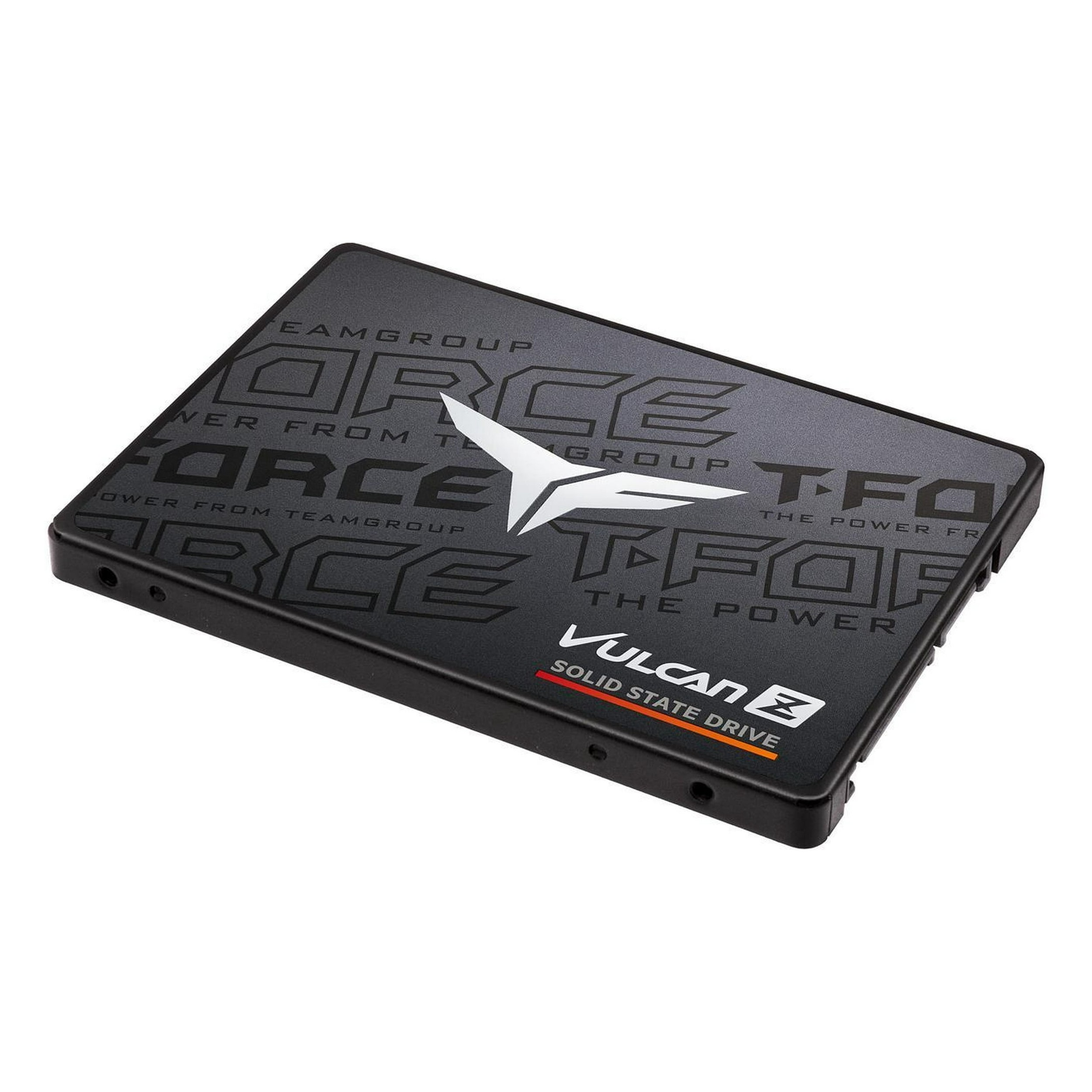 Schwarze SSD mit 'FORCE' und 'VULCAN' Branding. Weißes Logo vorhanden.