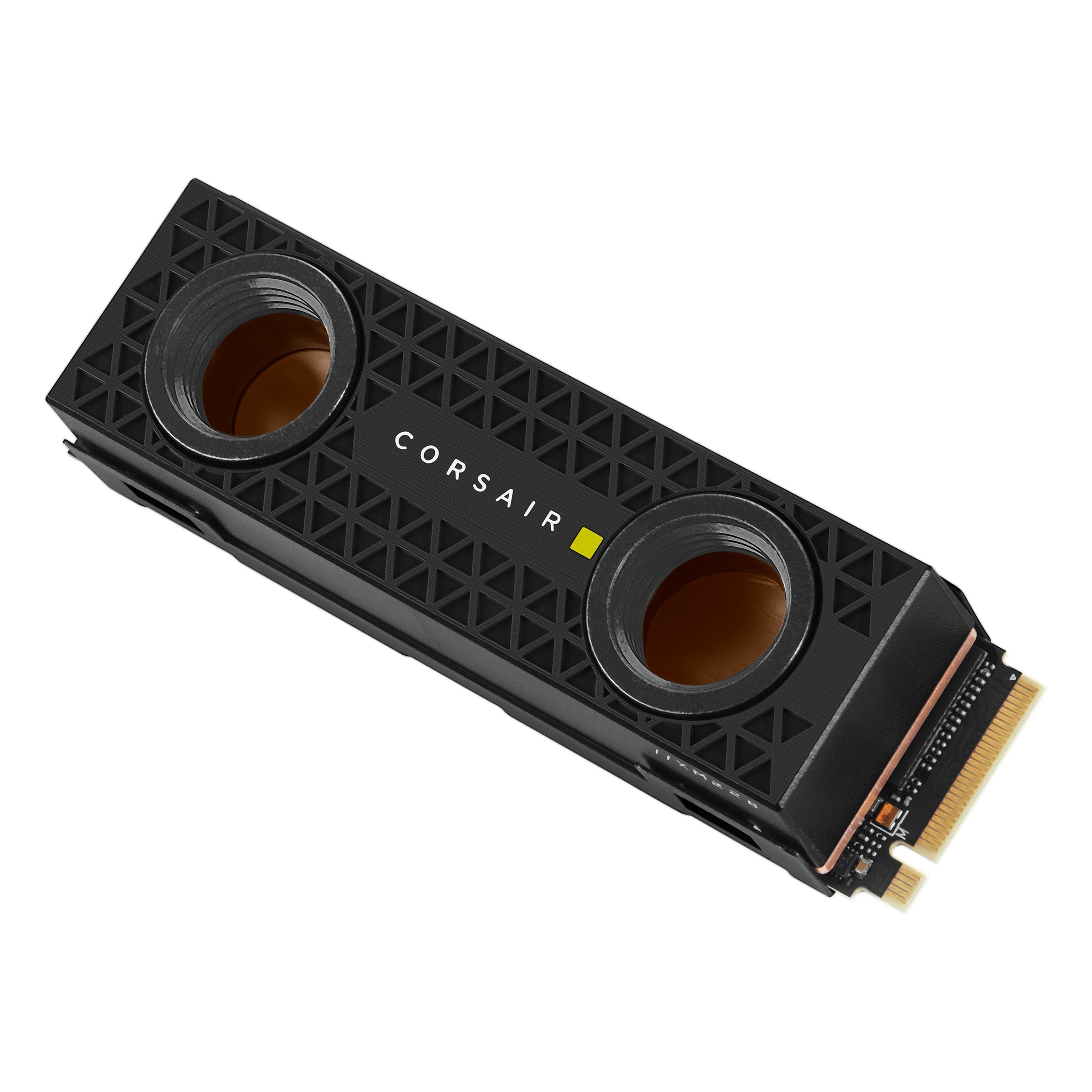 Un dissipatore SSD M.2 Corsair nero con doppio heatsink e connettore scheda madre.
