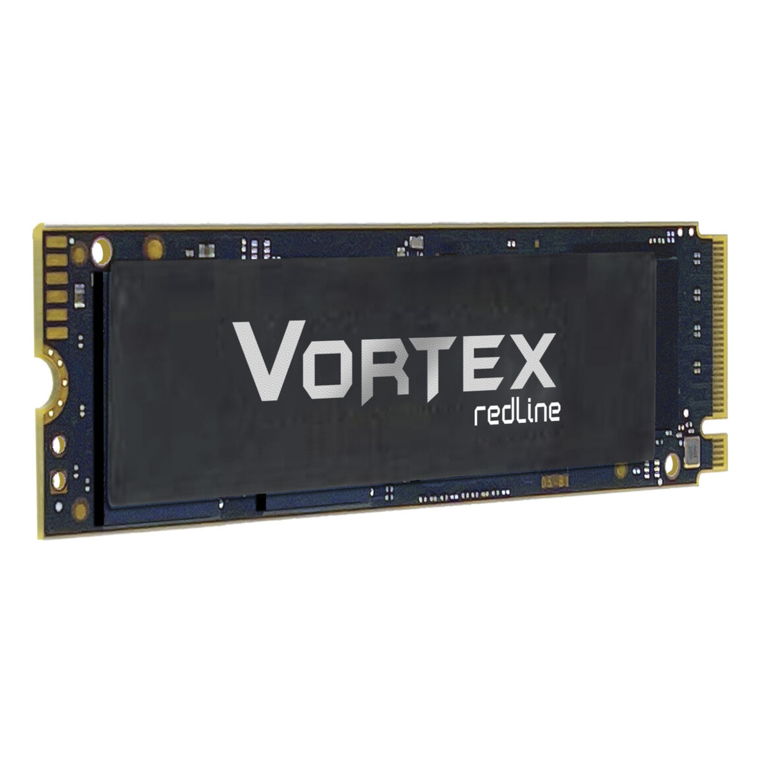 Un SSD nero con testo VORTEX redLine argentato, su sfondo bianco.