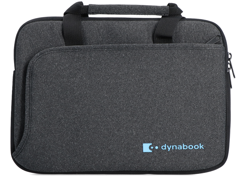Ciemnoszara torba na laptopa z uchwytami i kieszenią na zamek. Logo Dynabook.