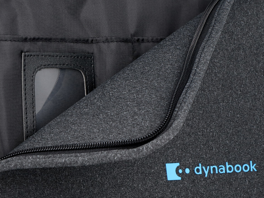 Ciemnoszara torba z zamkiem błyskawicznym i przezroczystym okienkiem z logo Dynabook.