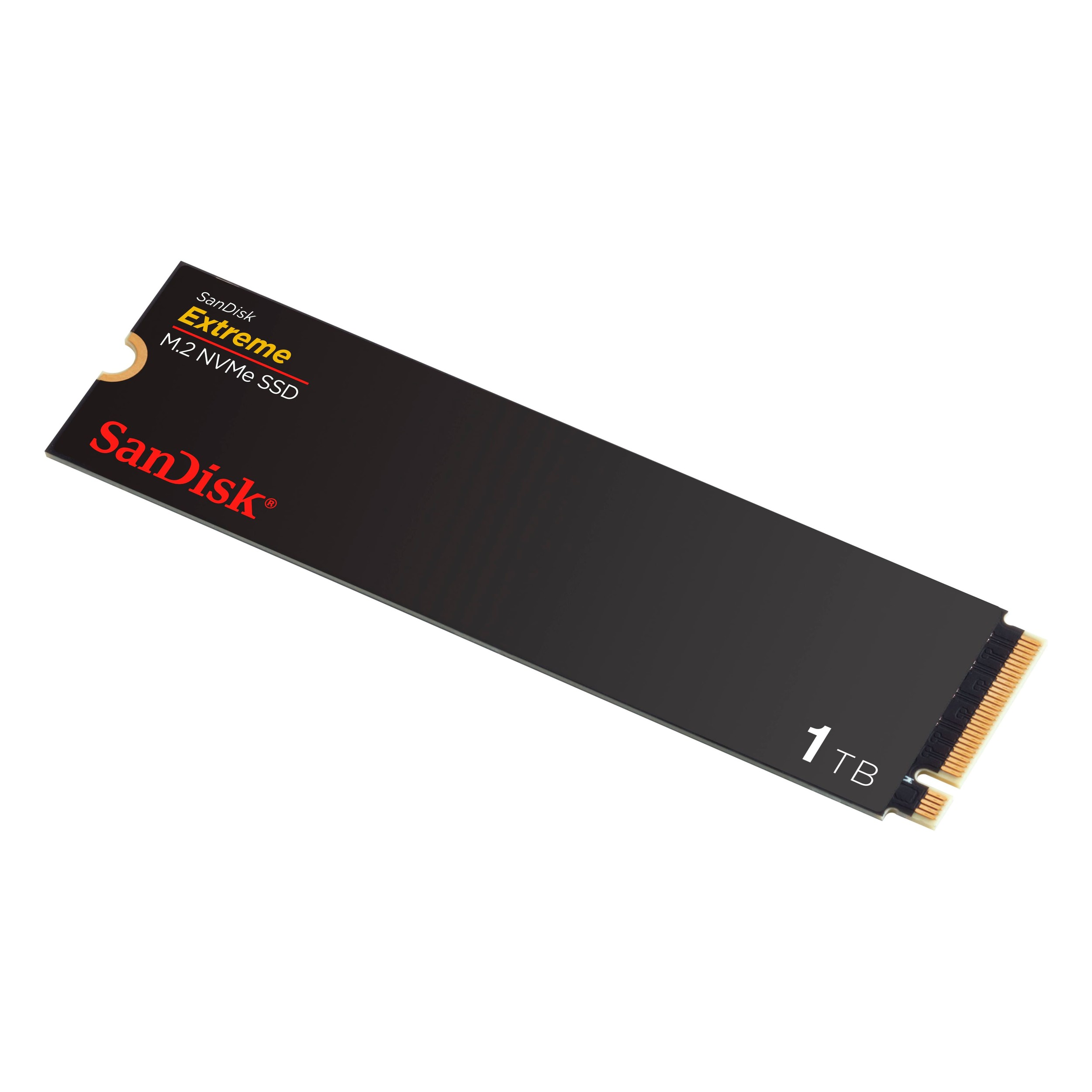 SSD M.2 NVMe SanDisk Extreme nera da 1TB con connettore dorato.