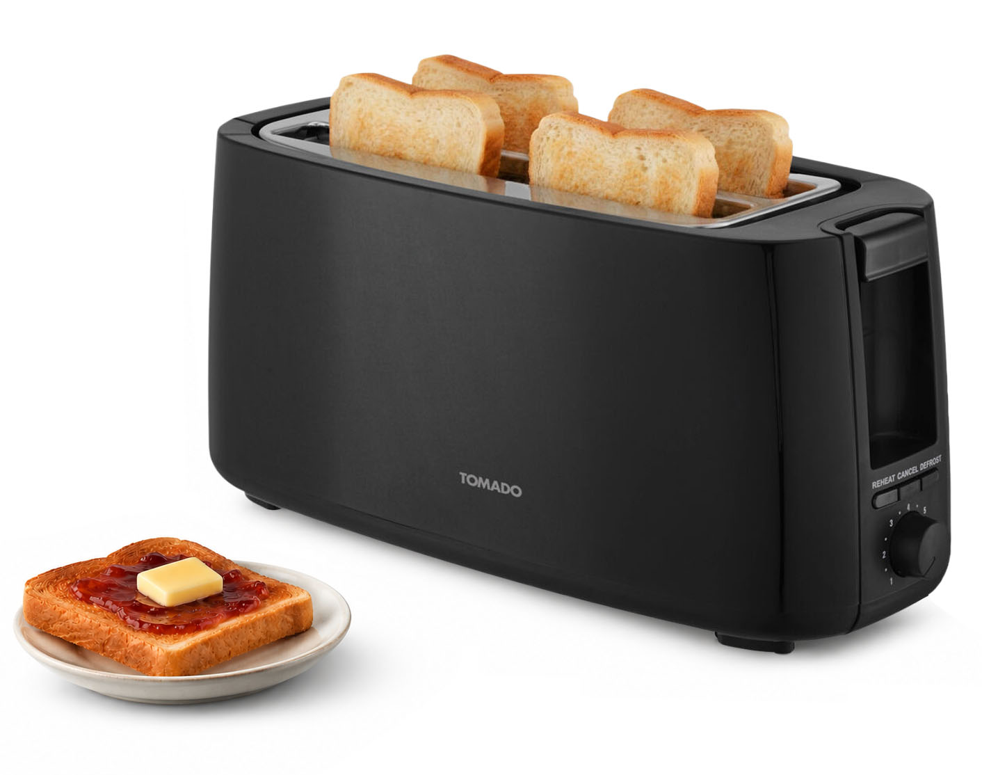 Ein schwarzer Toaster mit vier Toastbrotscheiben und einem Toast mit Butter und Marmelade.