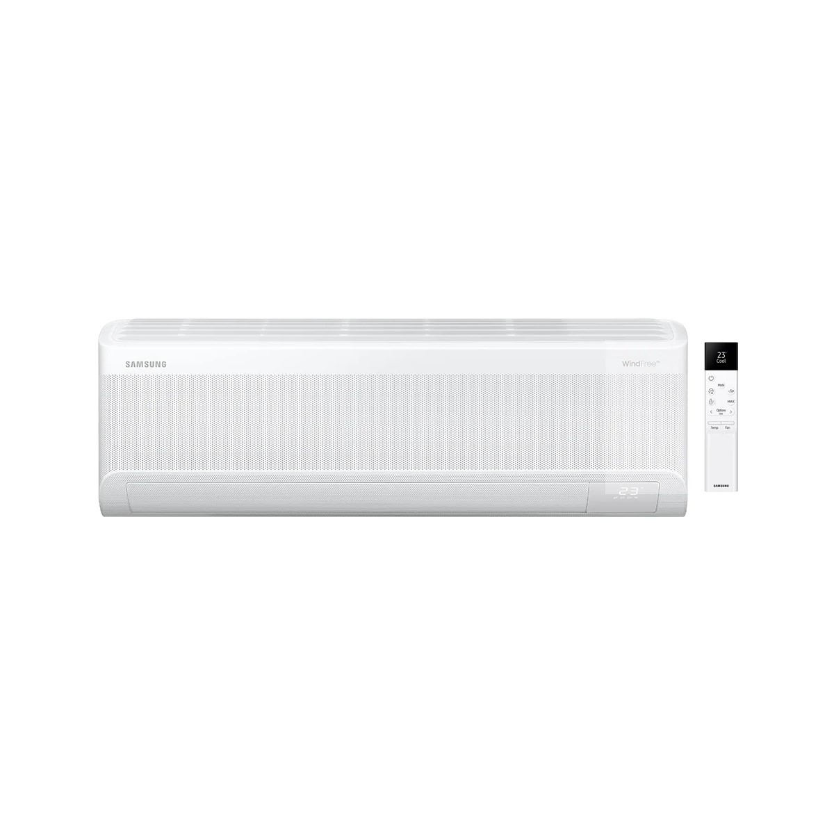 Condizionatore Samsung WindFree bianco con telecomando. Temp. 23°C.